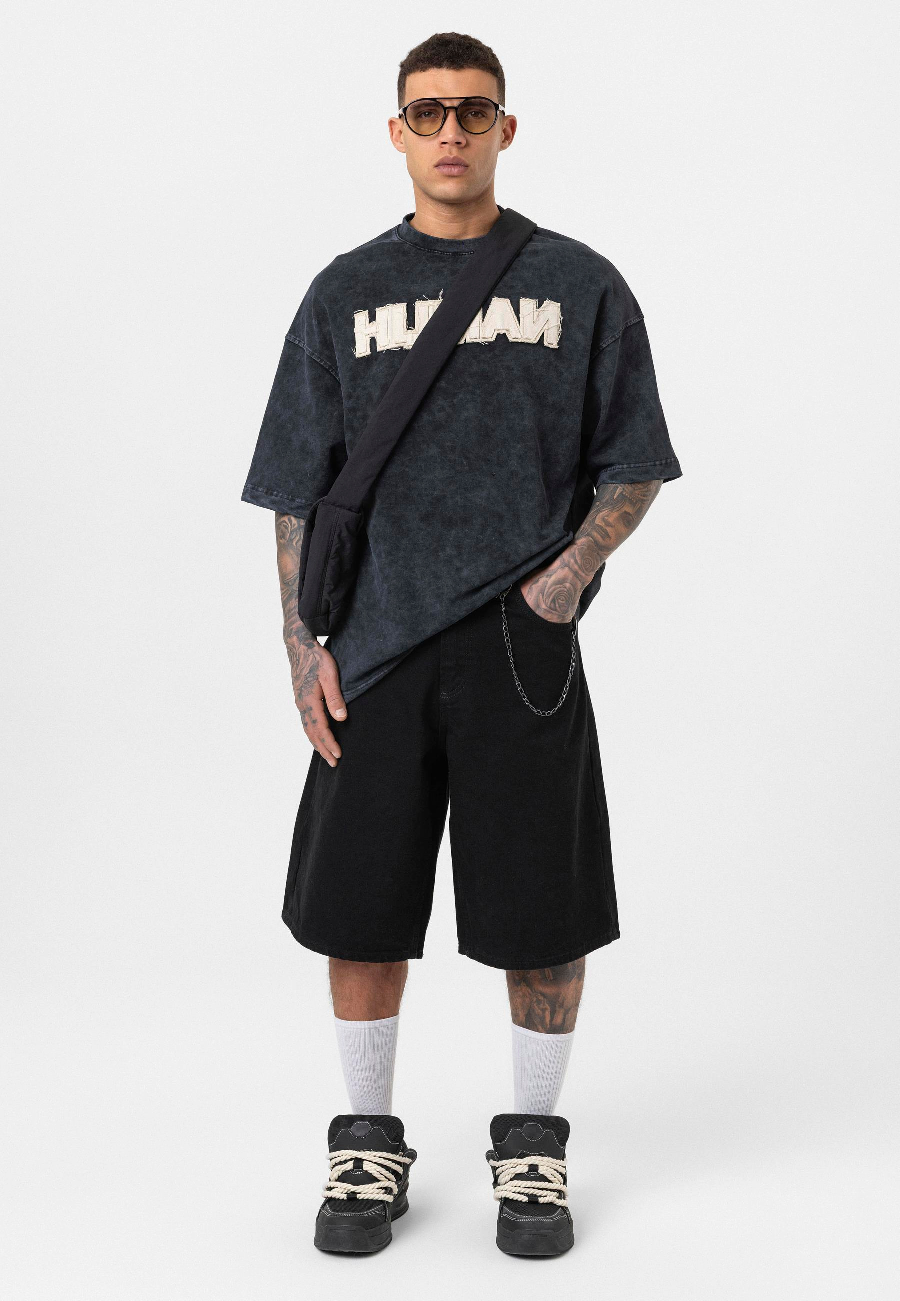 Human Nakışlı Yıkamalı Oversize T-Shirt-Siyah