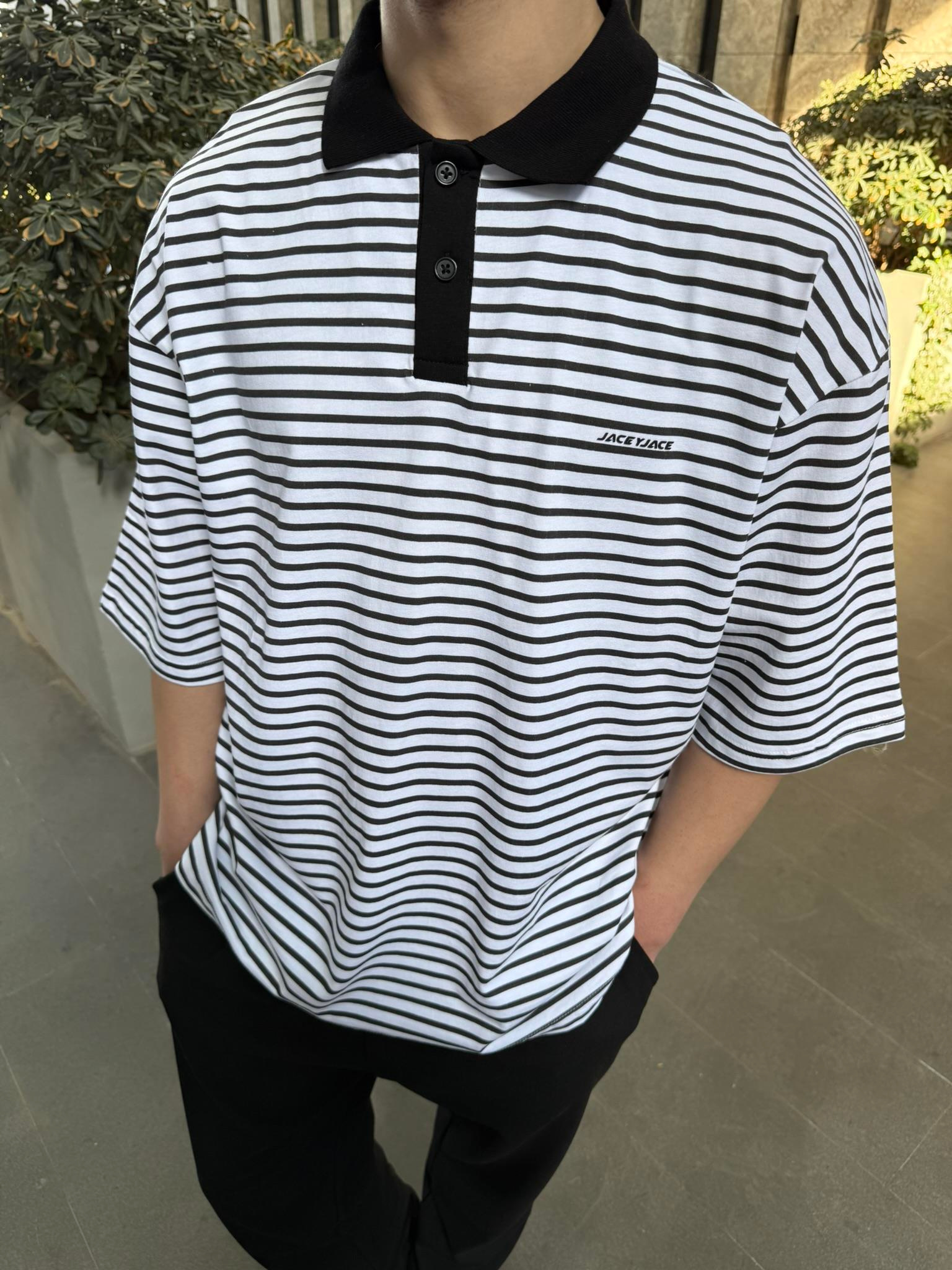 Jaceyjace Basic Cizgili Polo Yaka - Beyaz