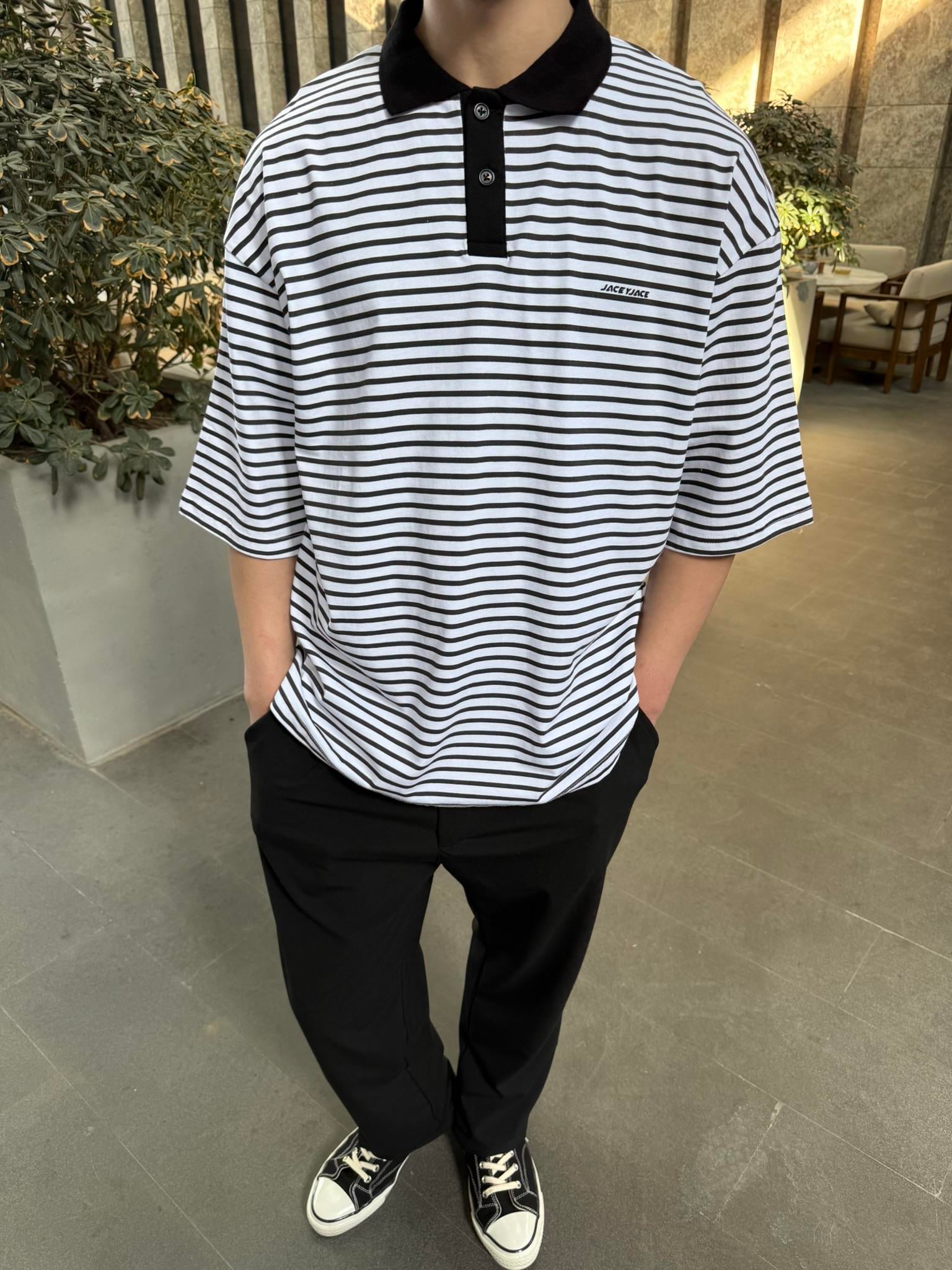 Jaceyjace Basic Cizgili Polo Yaka - Beyaz