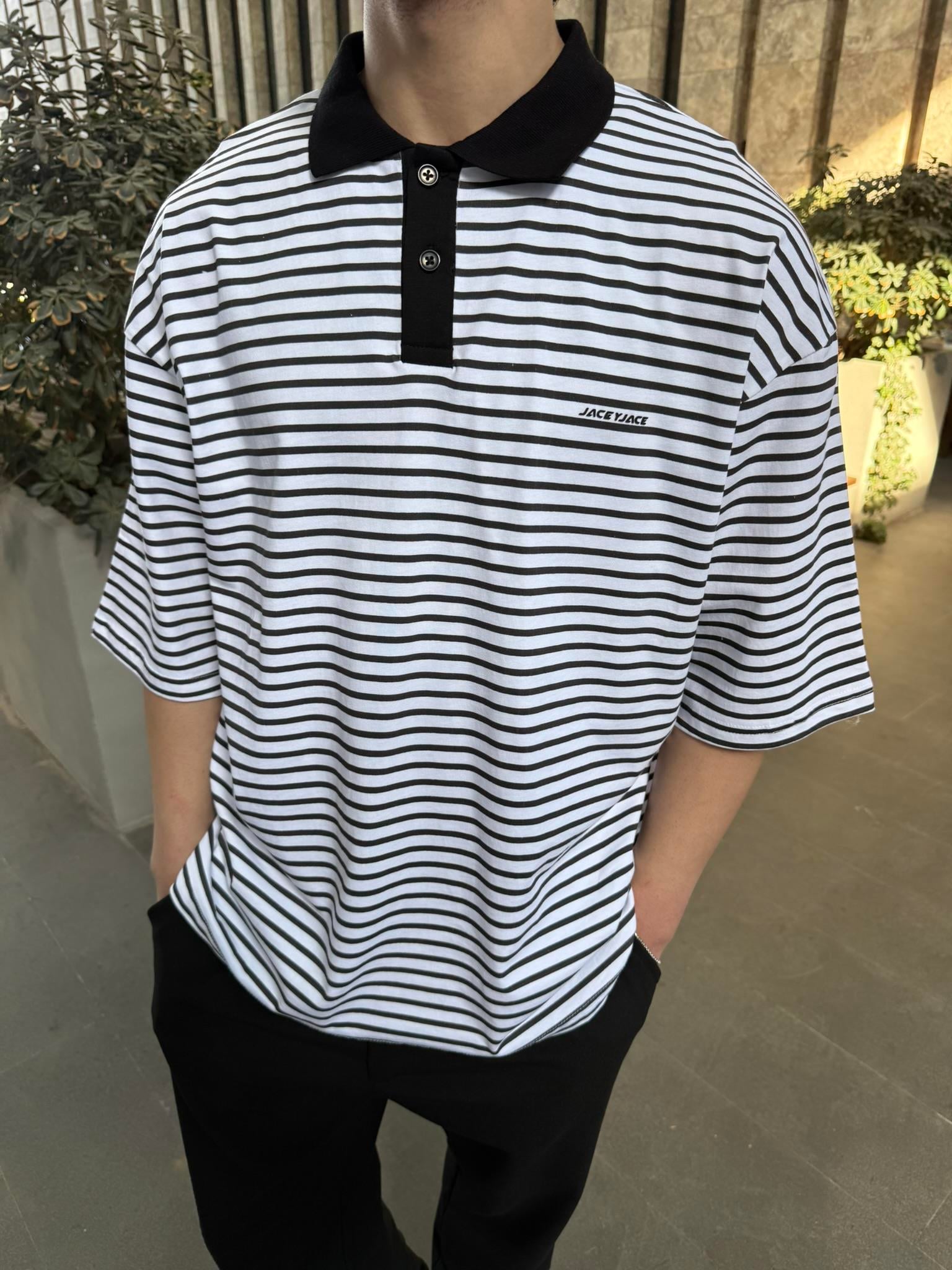 Jaceyjace Basic Cizgili Polo Yaka - Beyaz