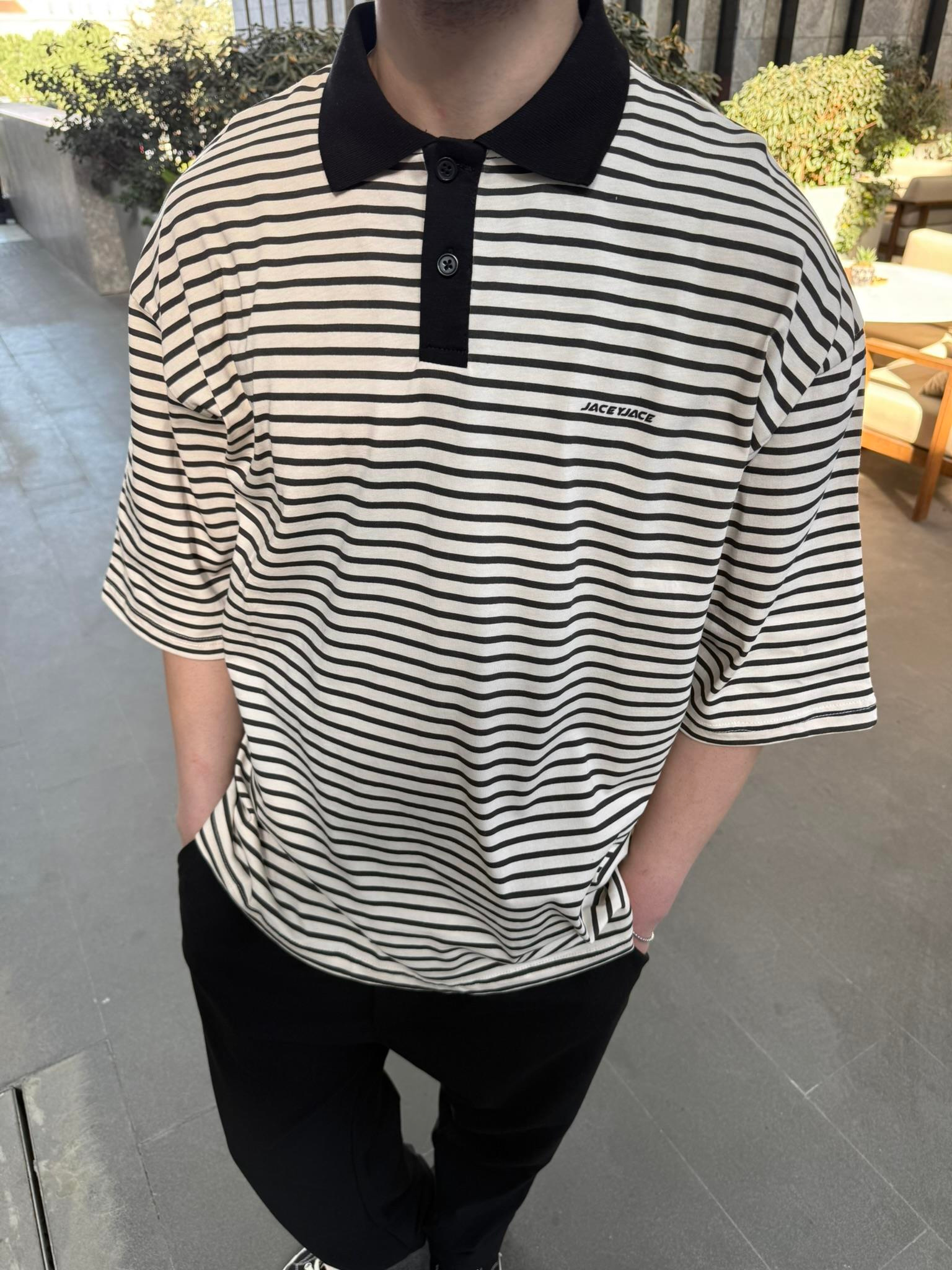 Jaceyjace Basic Cizgili Polo Yaka - Kemik