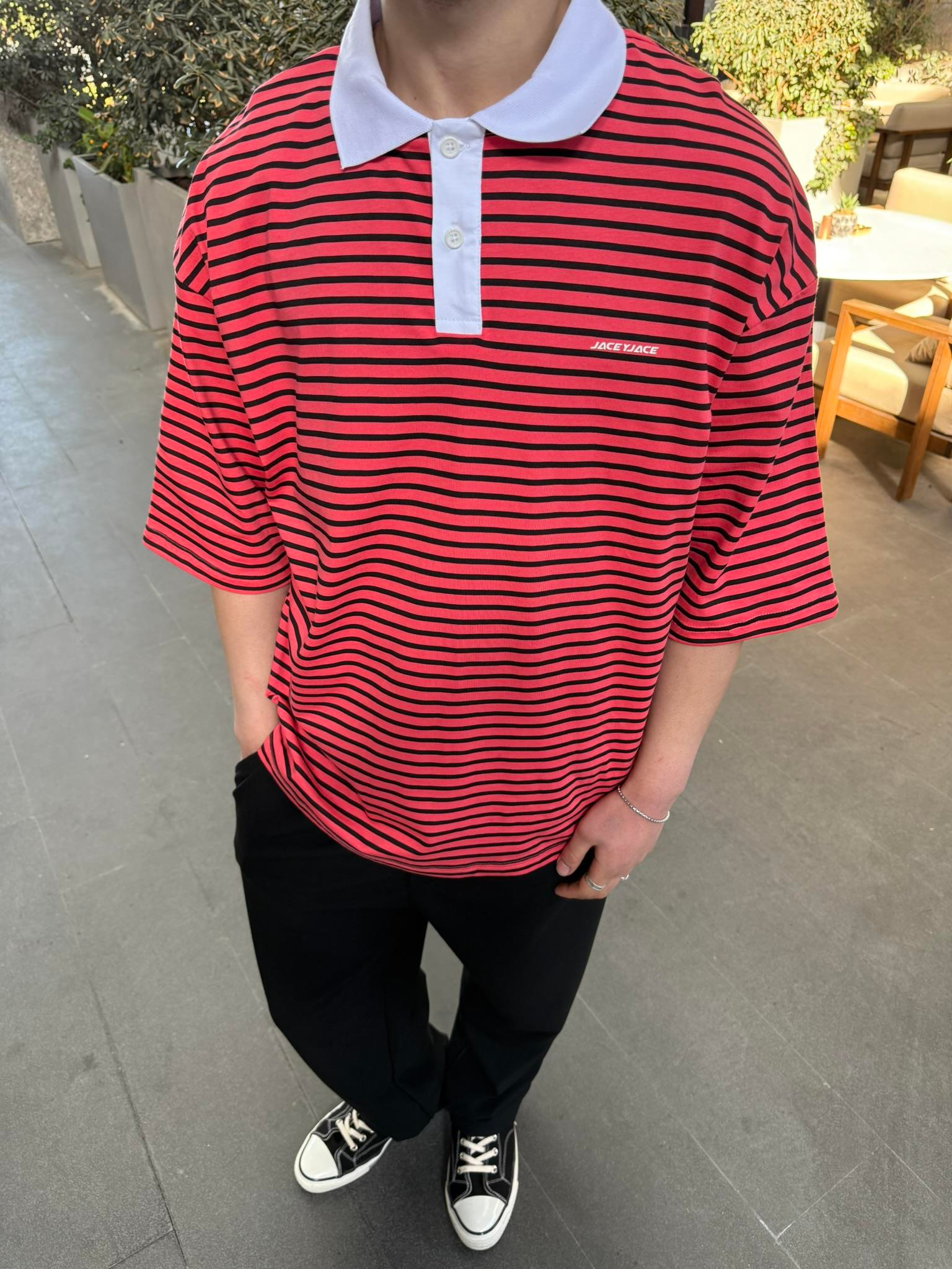 Jaceyjace Basic Cizgili Polo Yaka - Nar