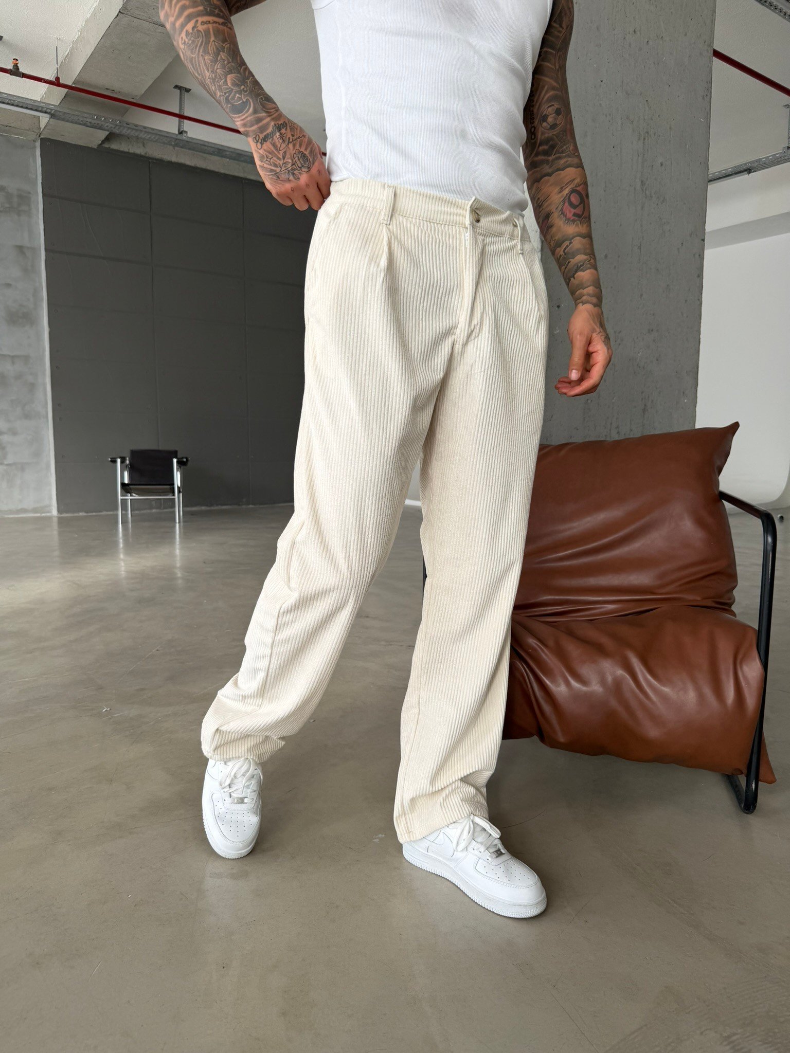 Kadife Basic Baggy Pantolon - Bej