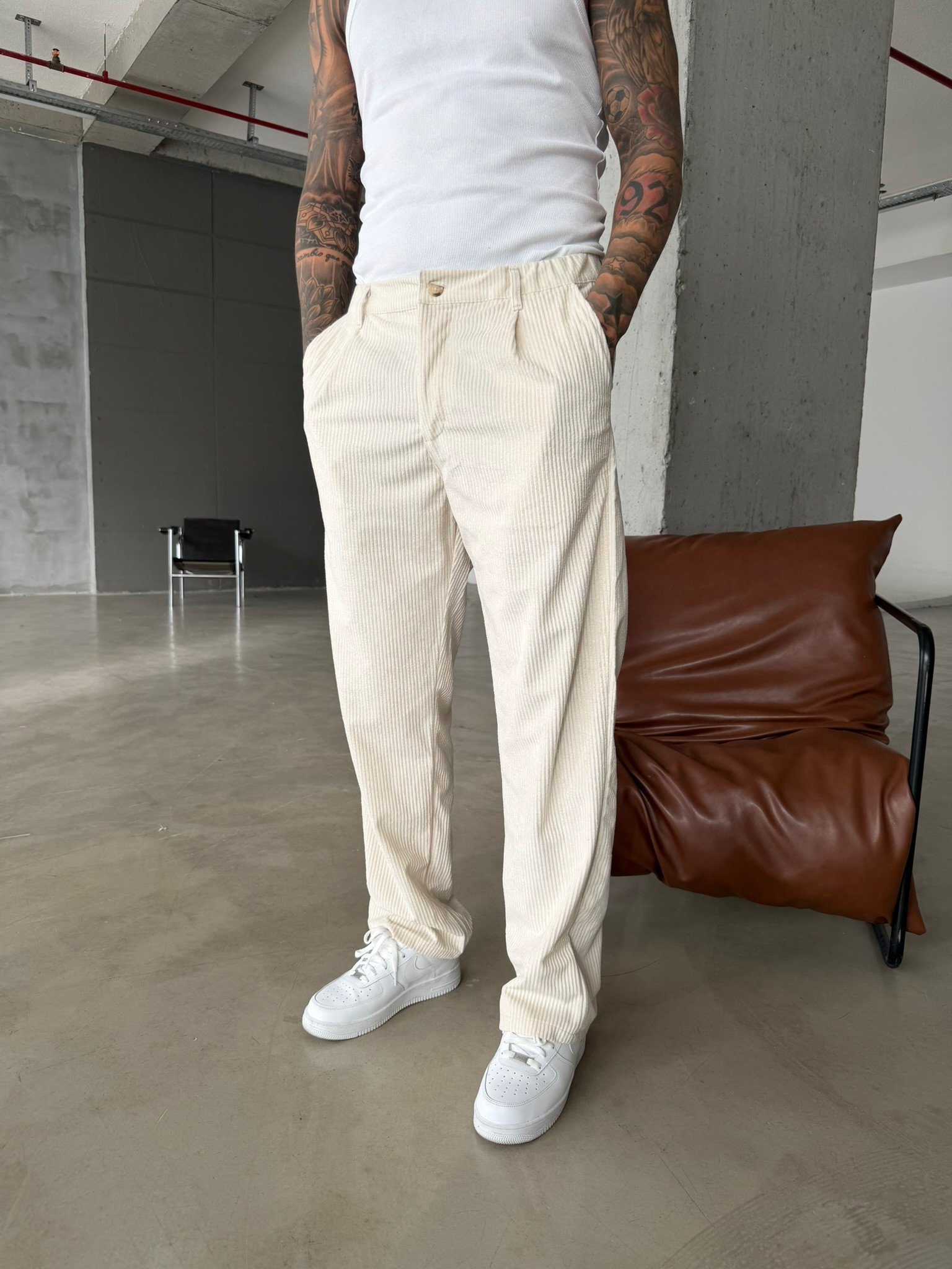 Kadife Basic Baggy Pantolon - Bej