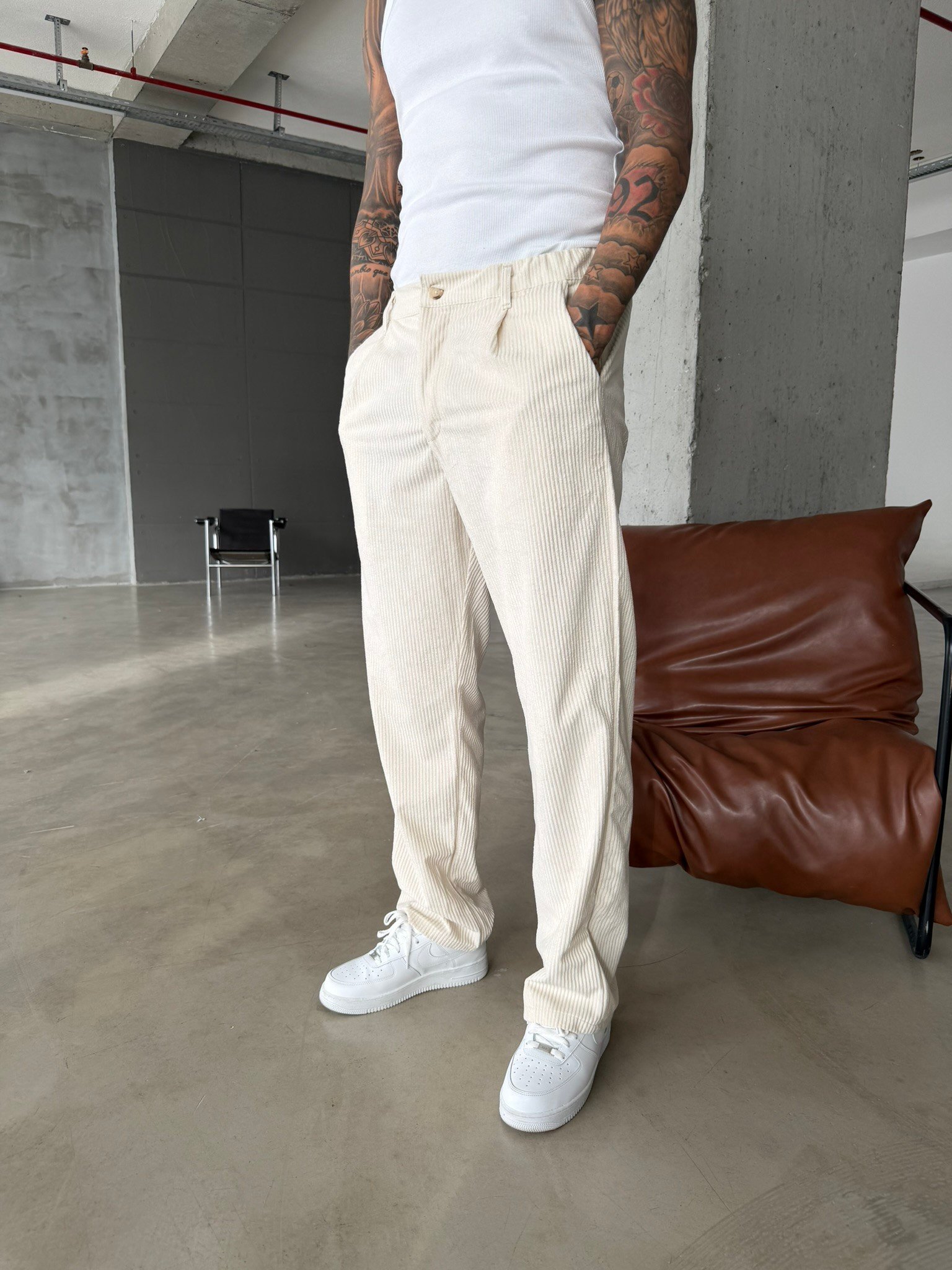 Kadife Basic Baggy Pantolon - Bej