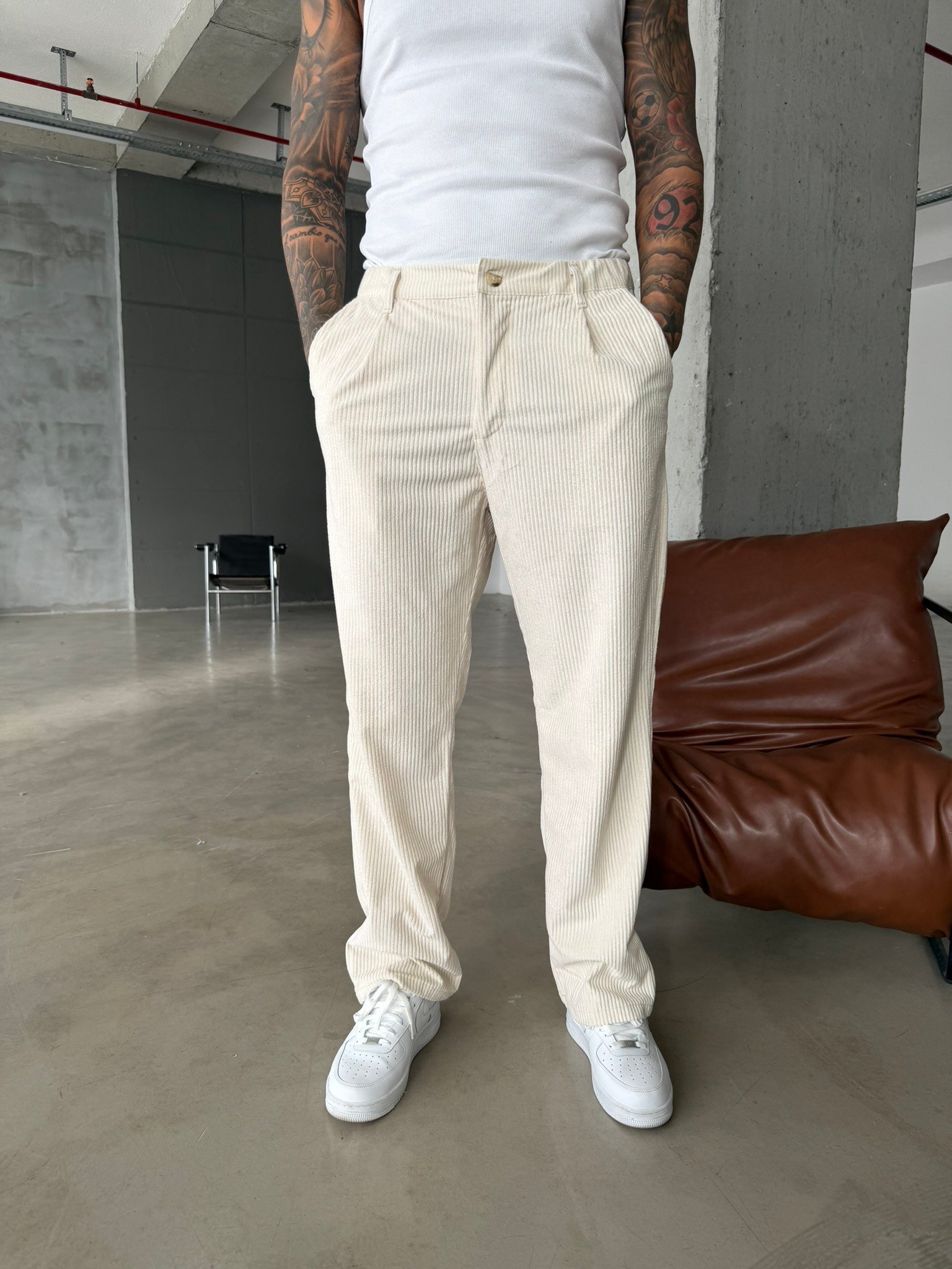 Kadife Basic Baggy Pantolon - Bej