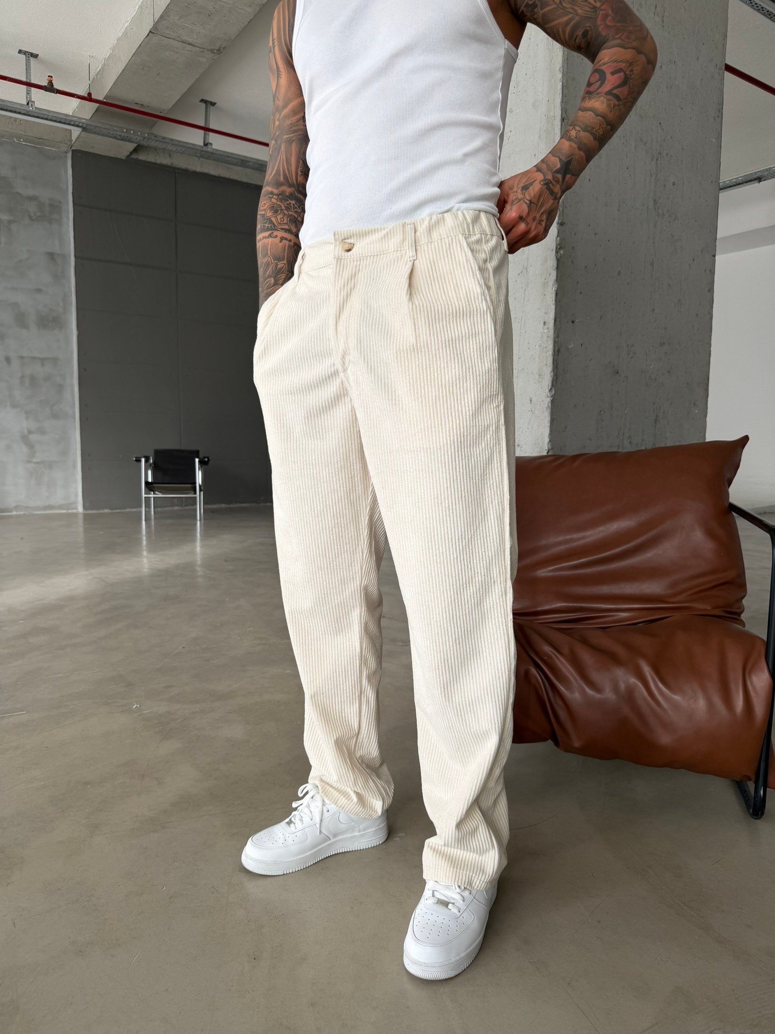 Kadife Basic Baggy Pantolon - Bej