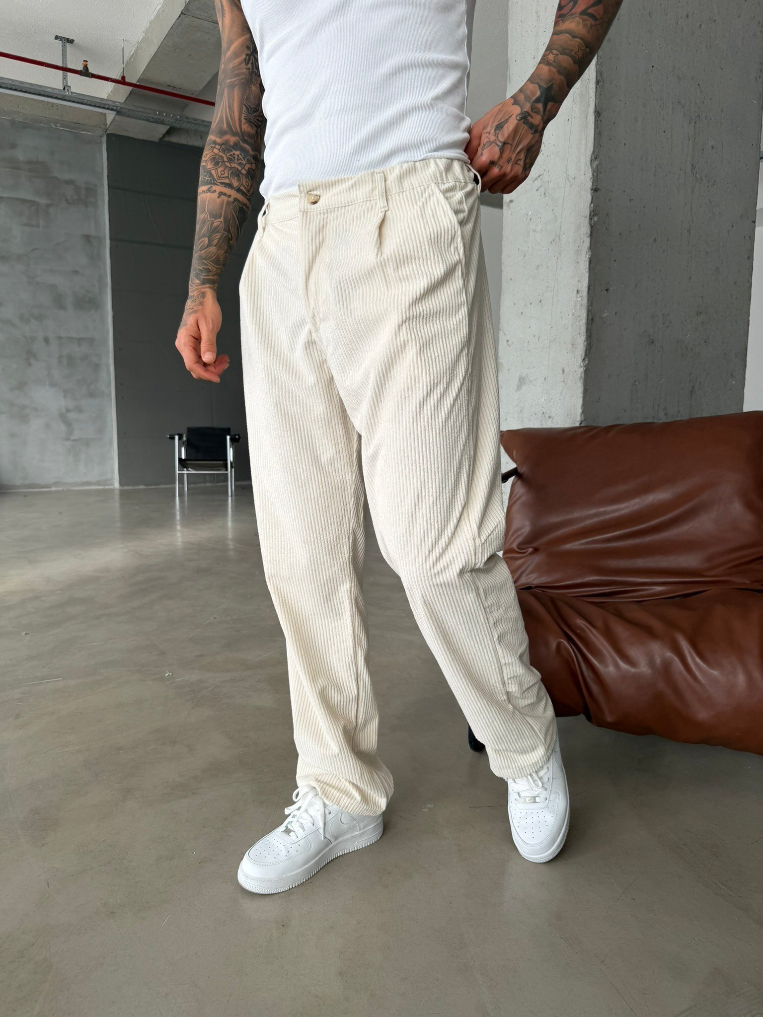 Kadife Basic Baggy Pantolon - Bej