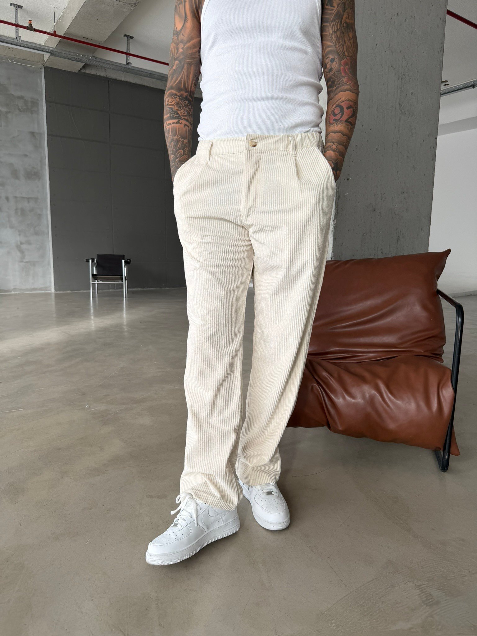 Kadife Basic Baggy Pantolon - Bej