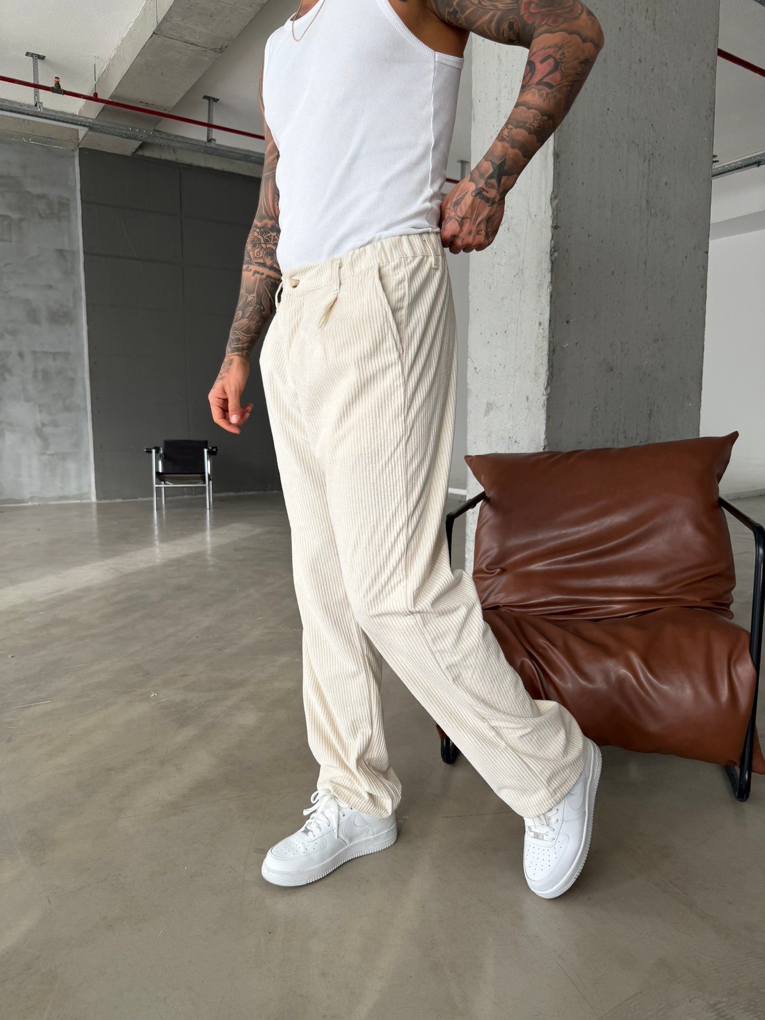 Kadife Basic Baggy Pantolon - Bej