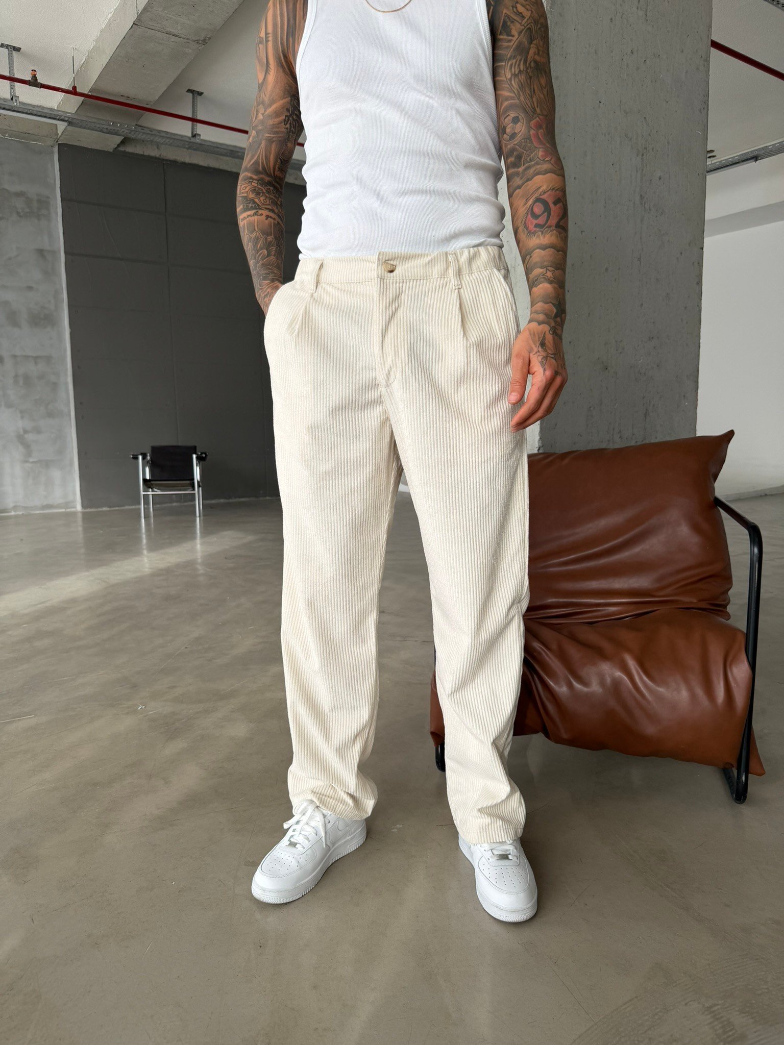 Kadife Basic Baggy Pantolon - Bej