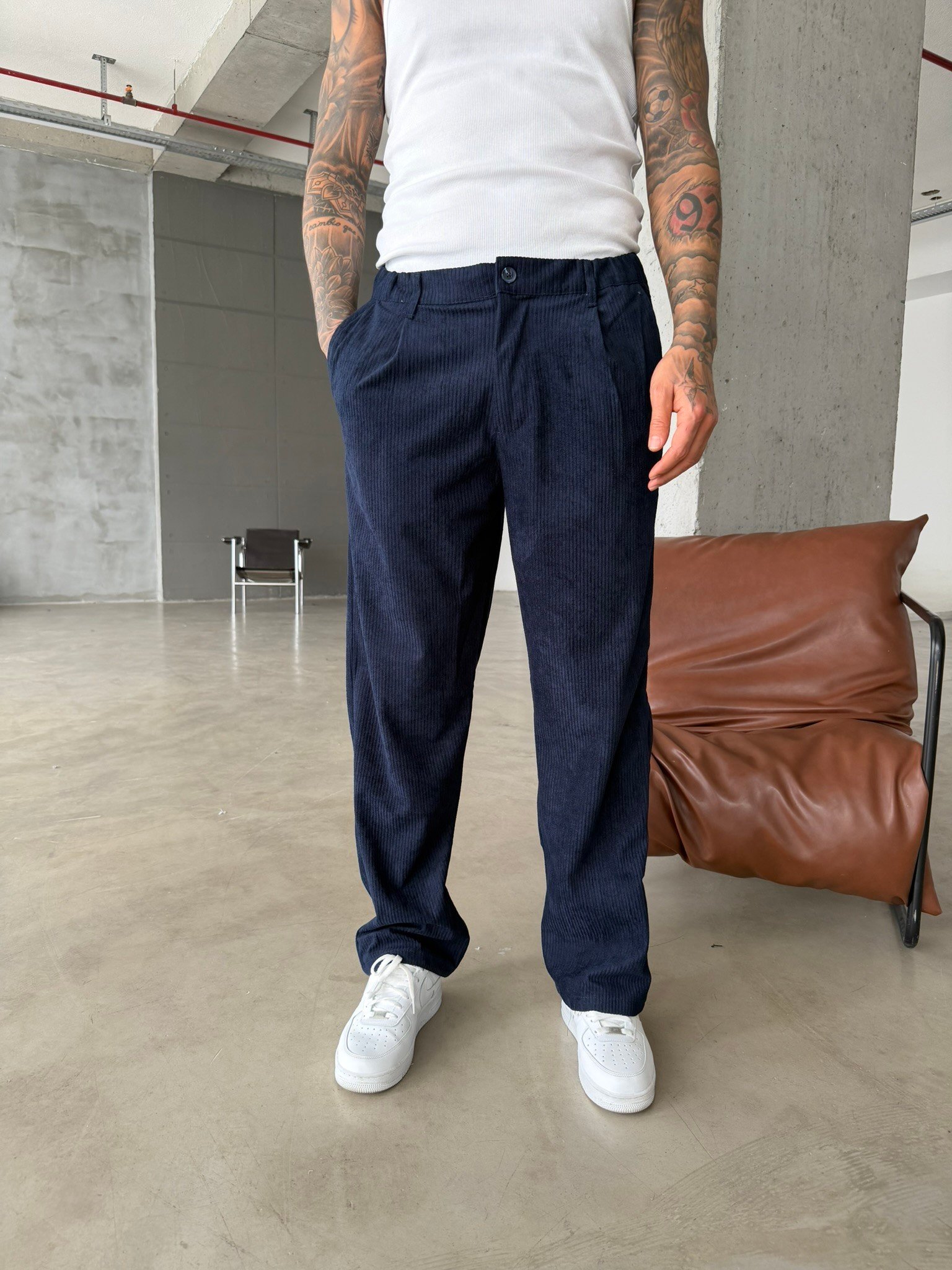 Kadife Basic Baggy Pantolon - Lacivert