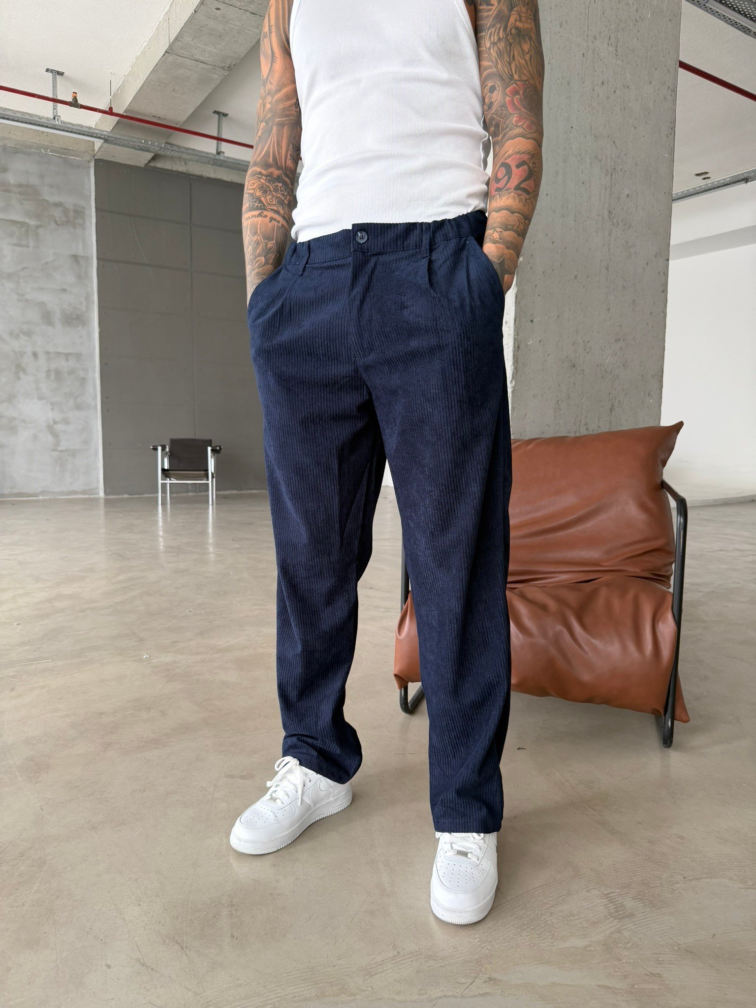 Kadife Basic Baggy Pantolon - Lacivert