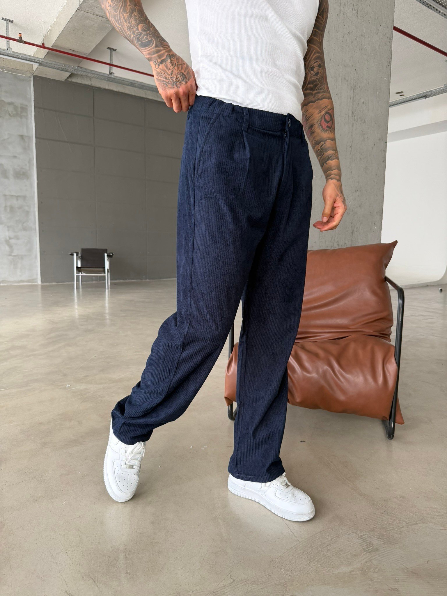 Kadife Basic Baggy Pantolon - Lacivert