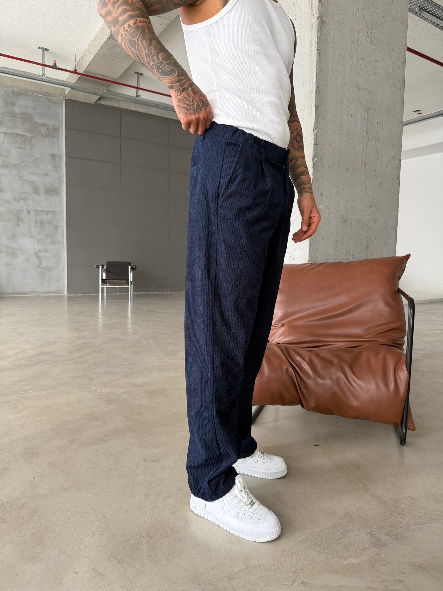 Kadife Basic Baggy Pantolon - Lacivert