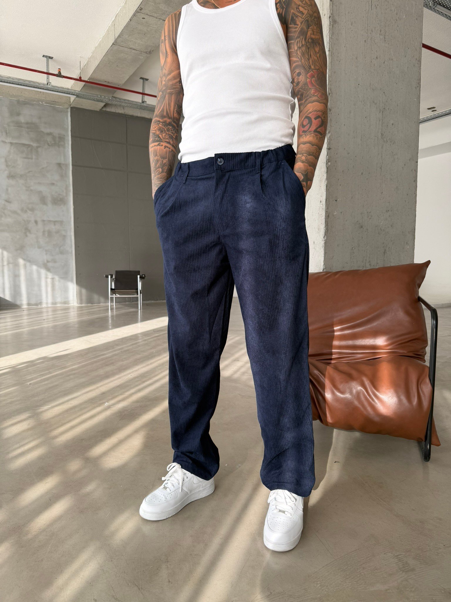 Kadife Basic Baggy Pantolon - Lacivert