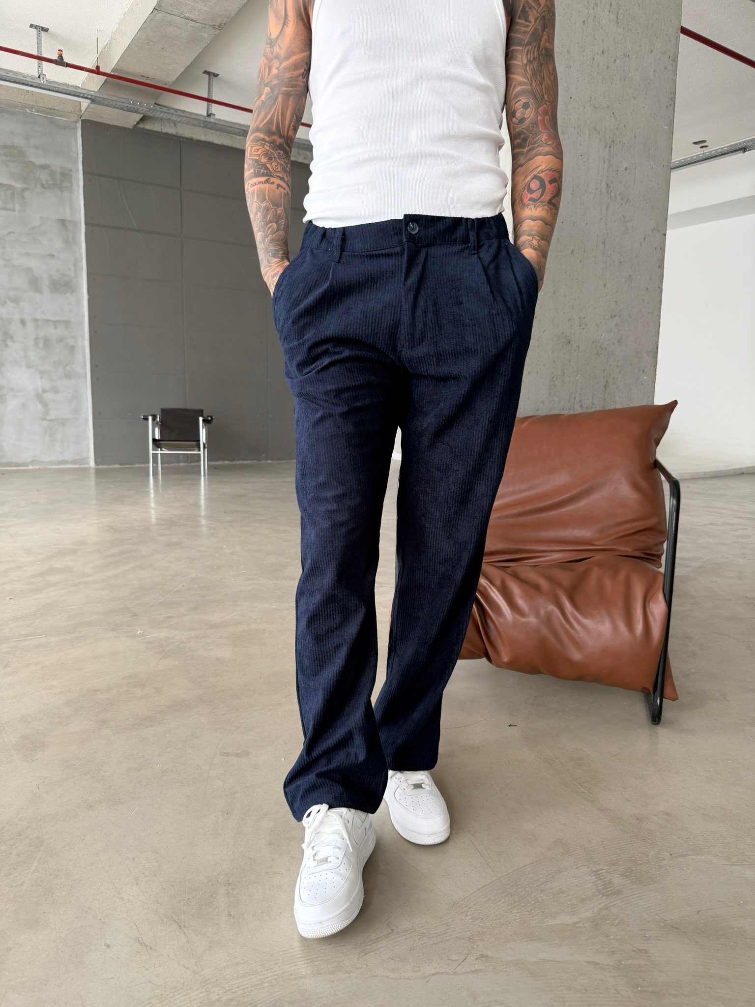 Kadife Basic Baggy Pantolon - Lacivert