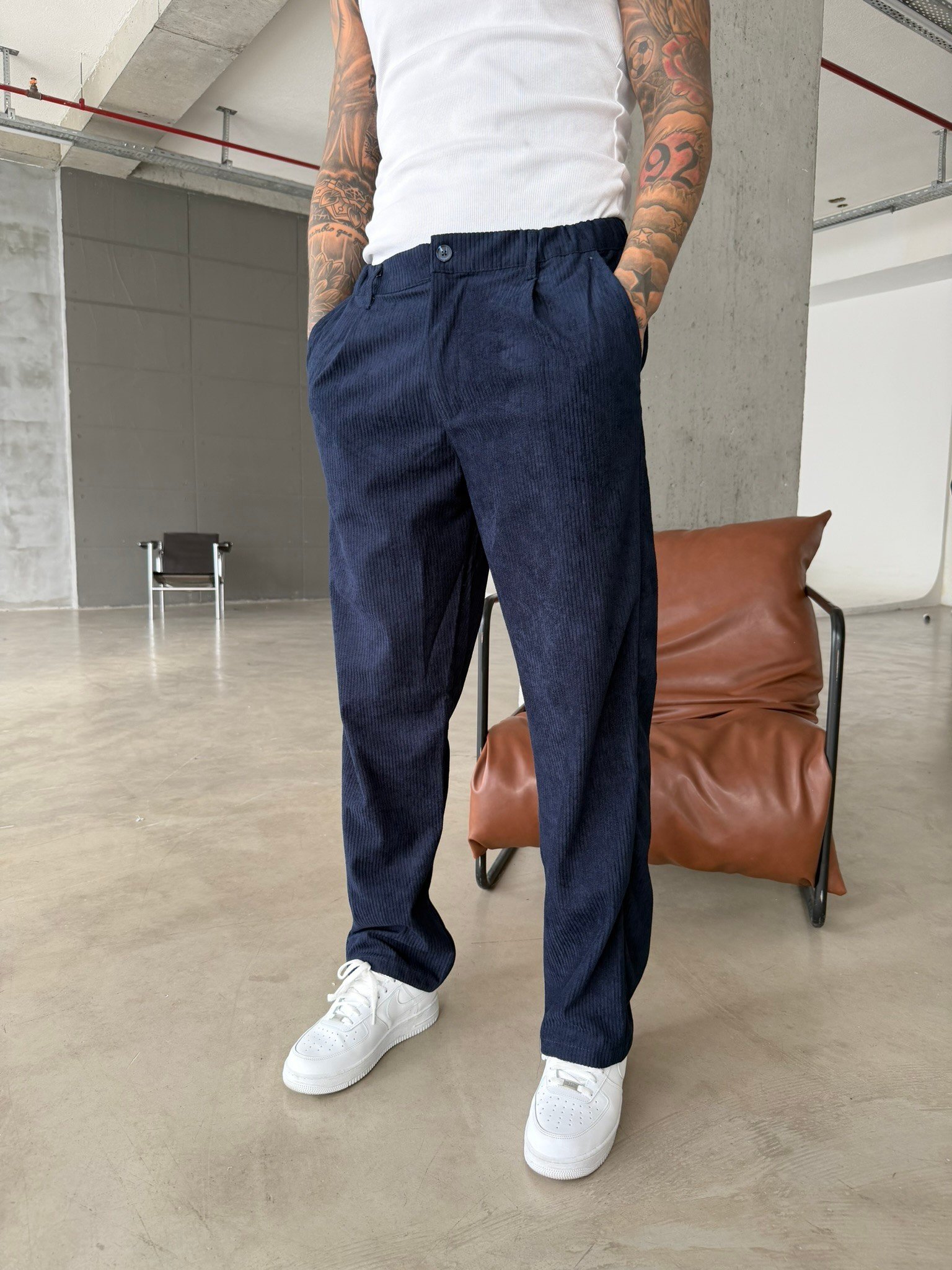 Kadife Basic Baggy Pantolon - Lacivert