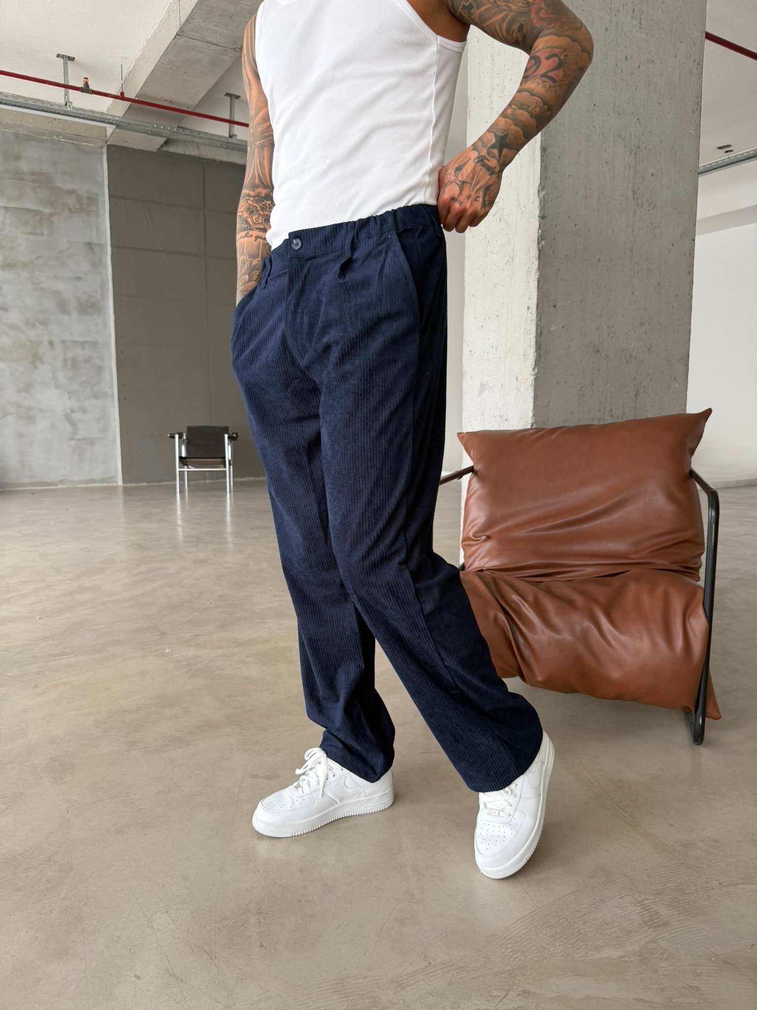 Kadife Basic Baggy Pantolon - Lacivert