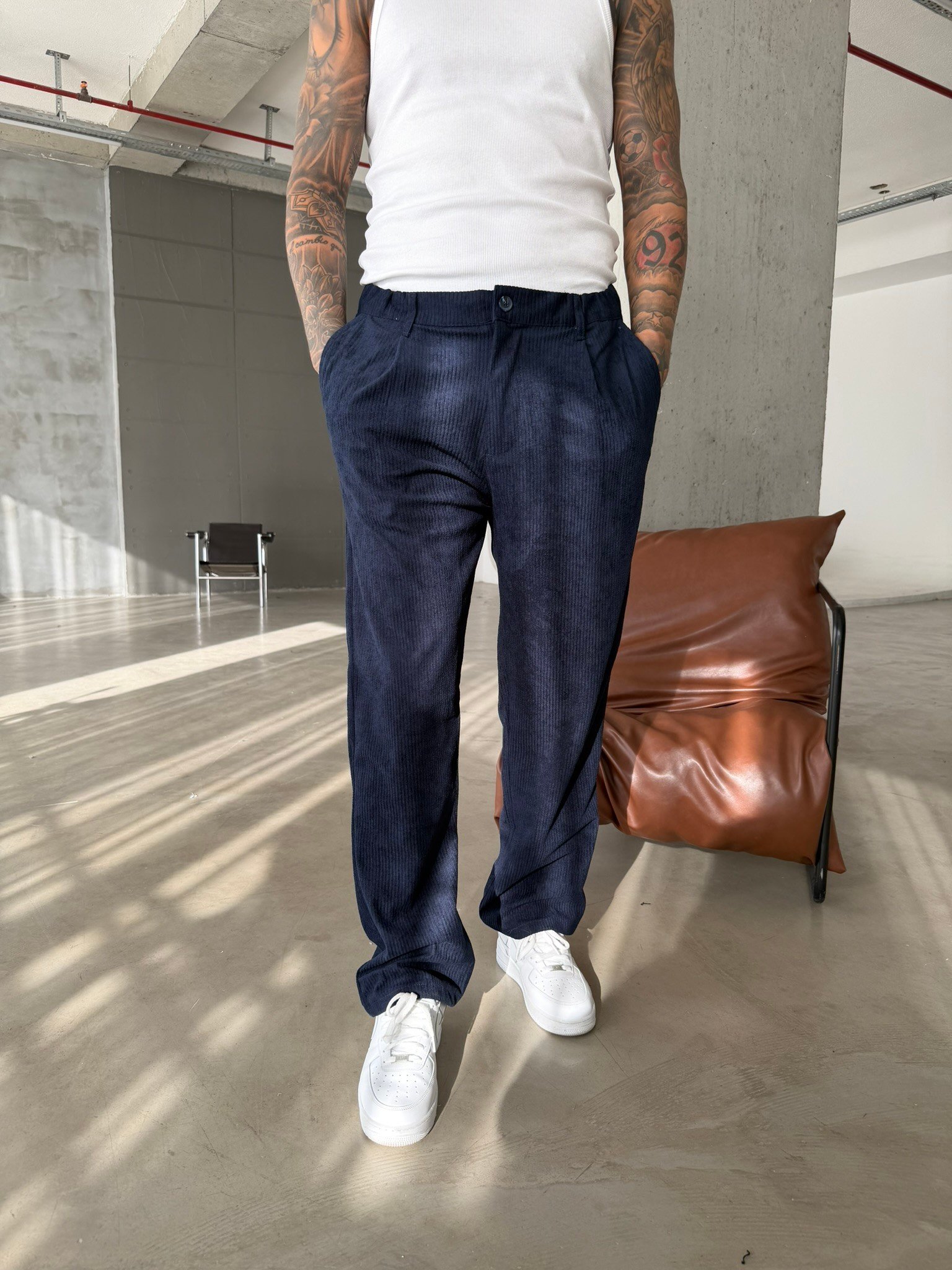 Kadife Basic Baggy Pantolon - Lacivert