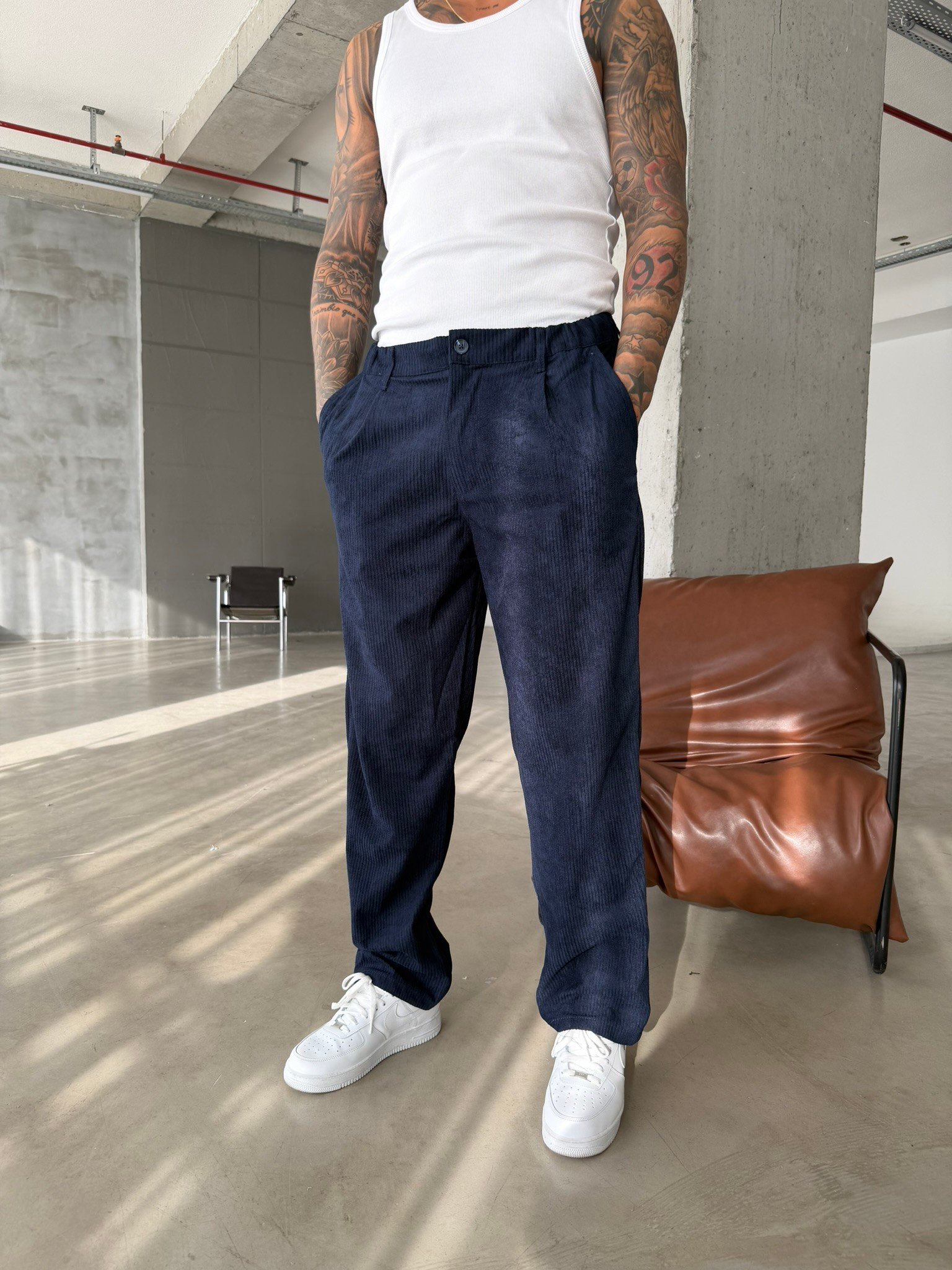 Kadife Basic Baggy Pantolon - Lacivert