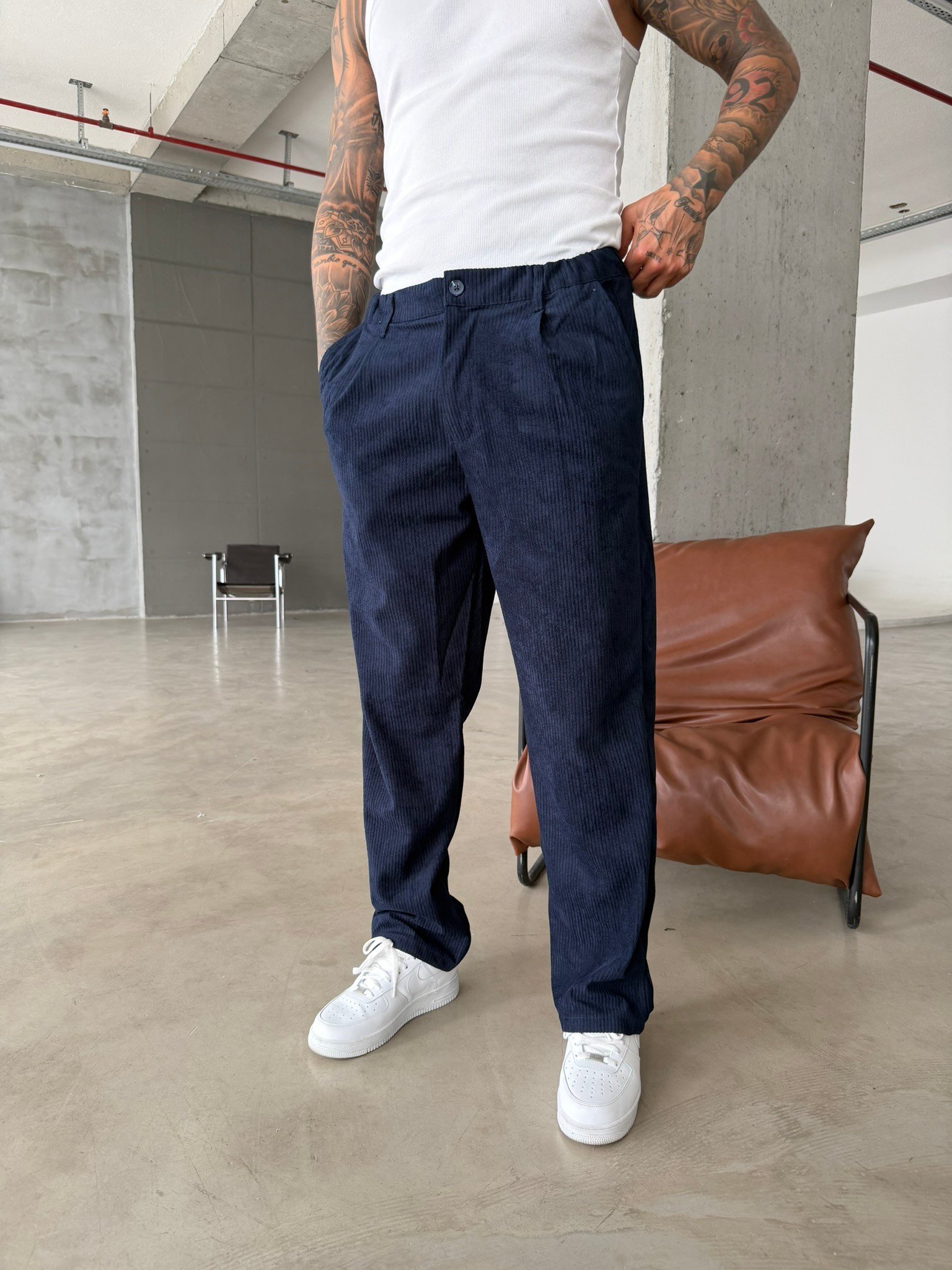 Kadife Basic Baggy Pantolon - Lacivert