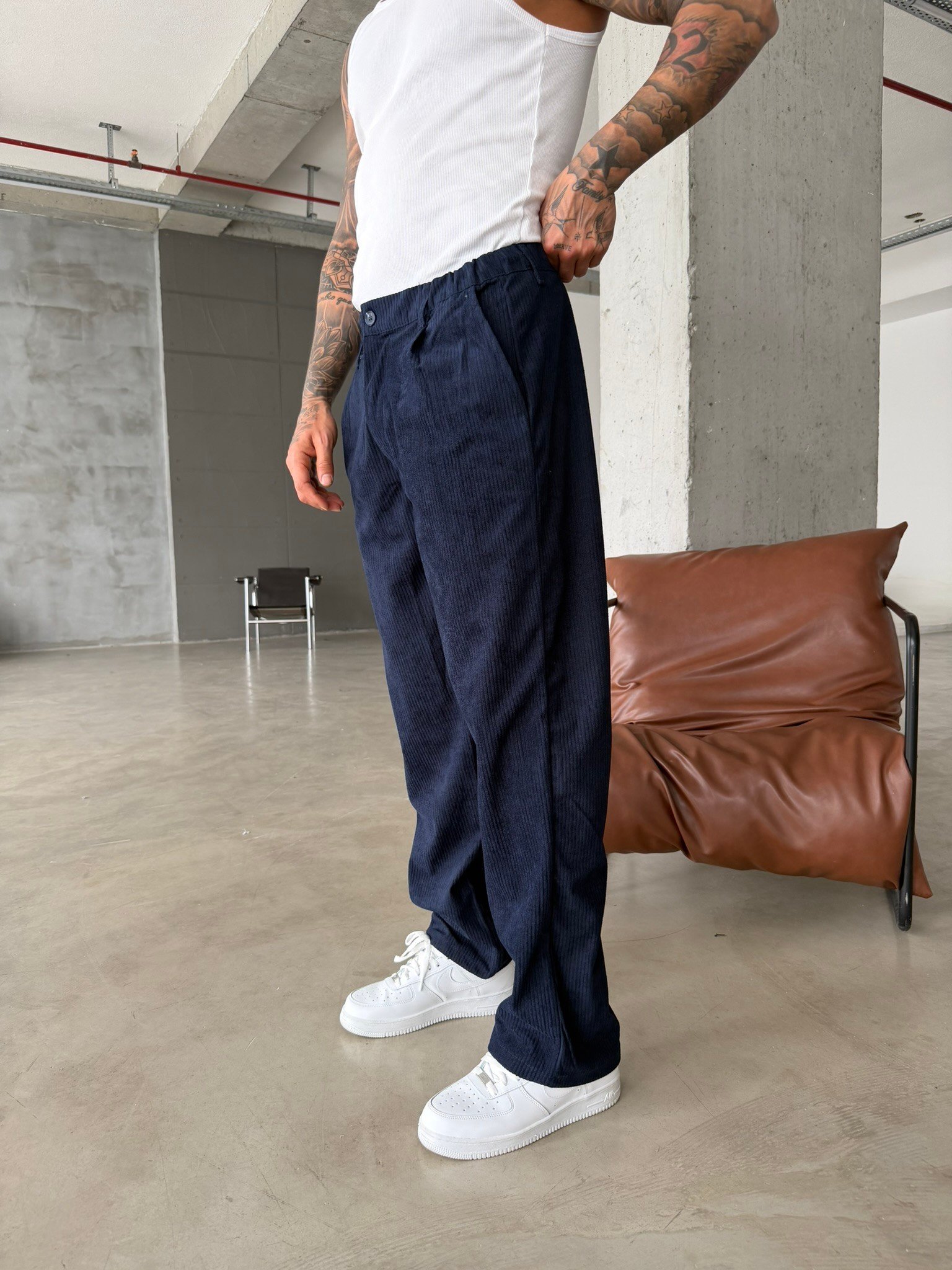 Kadife Basic Baggy Pantolon - Lacivert