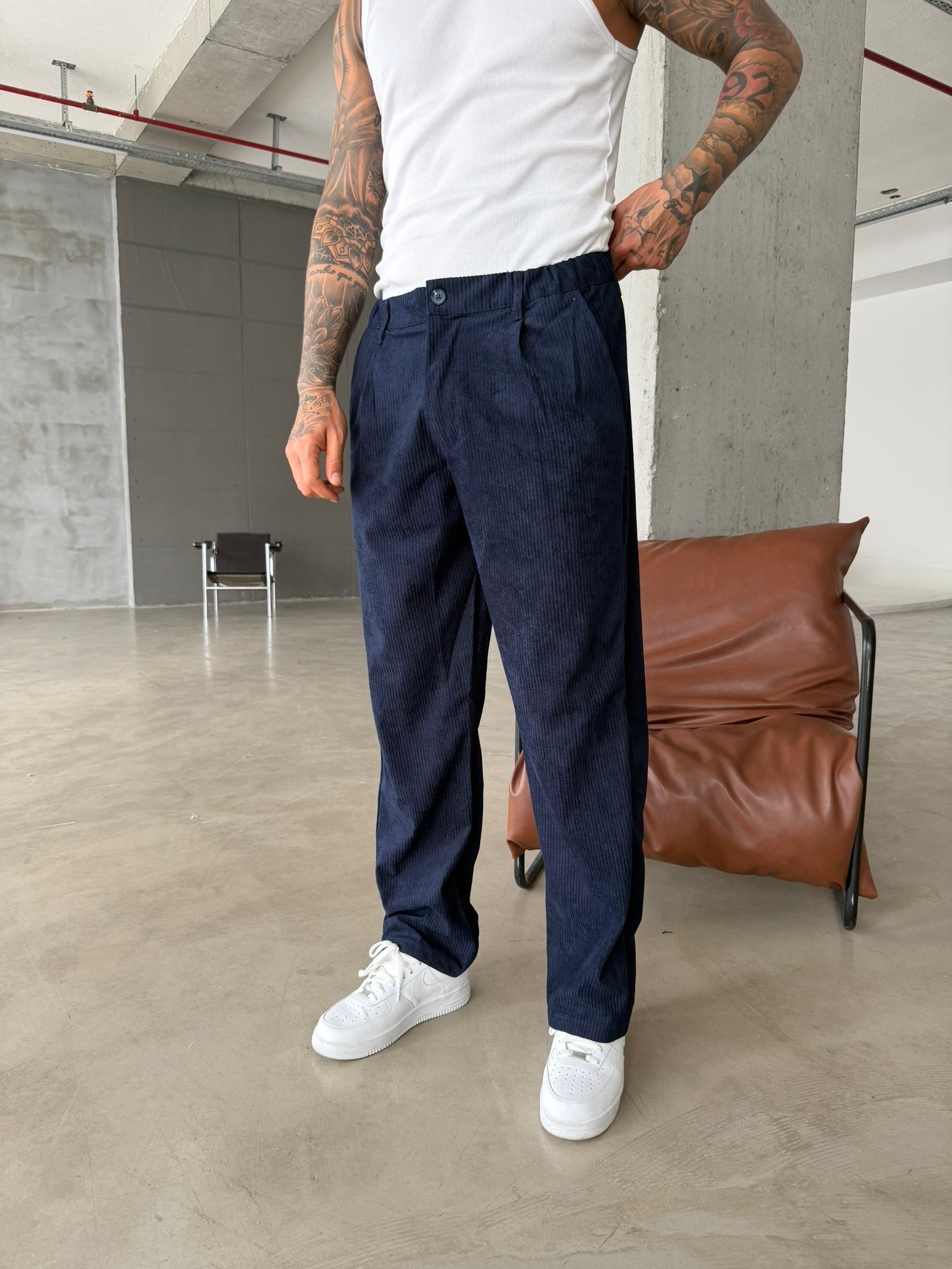 Kadife Basic Baggy Pantolon - Lacivert