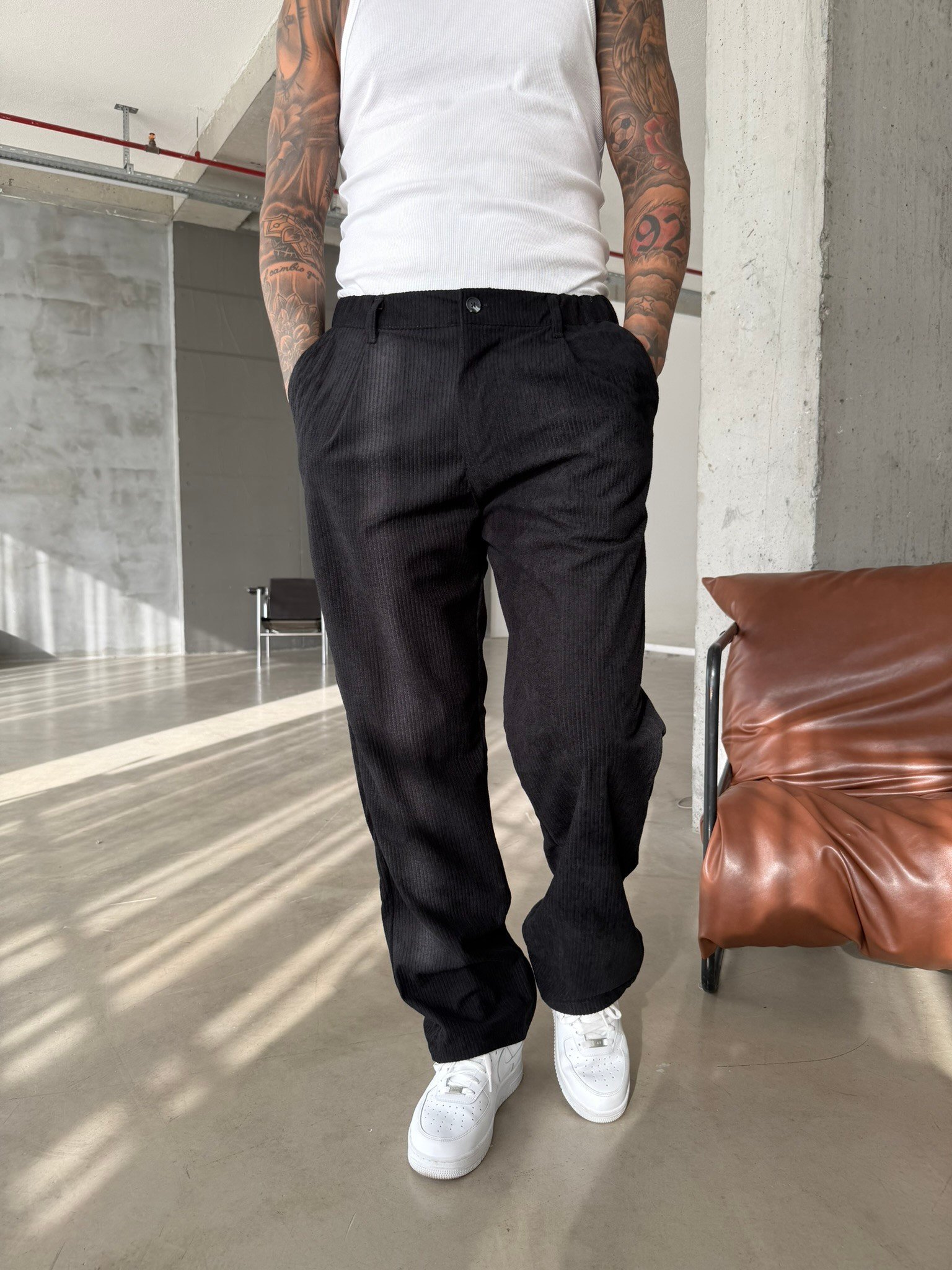 Kadife Basic Baggy Pantolon - Siyah