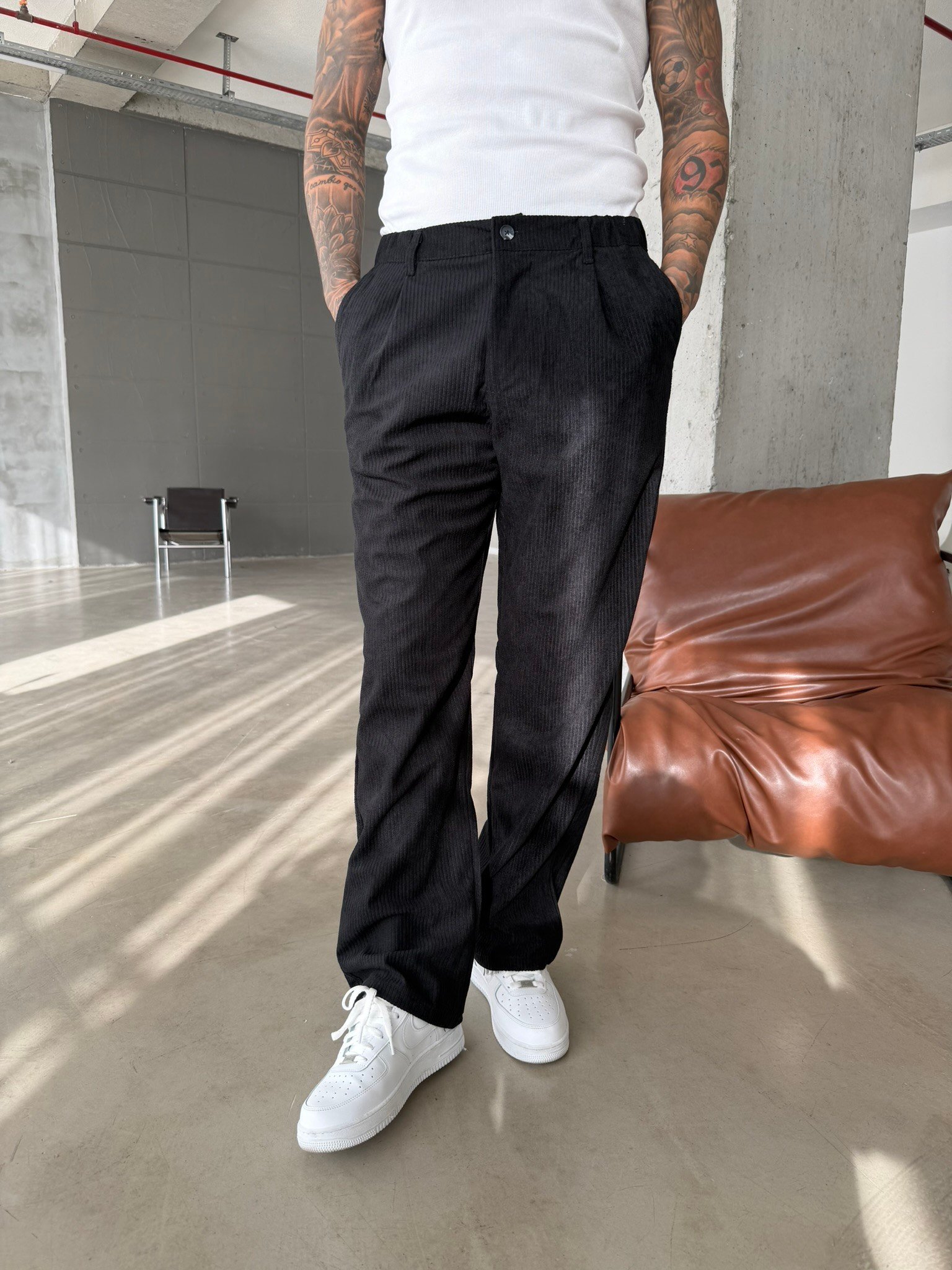 Kadife Basic Baggy Pantolon - Siyah