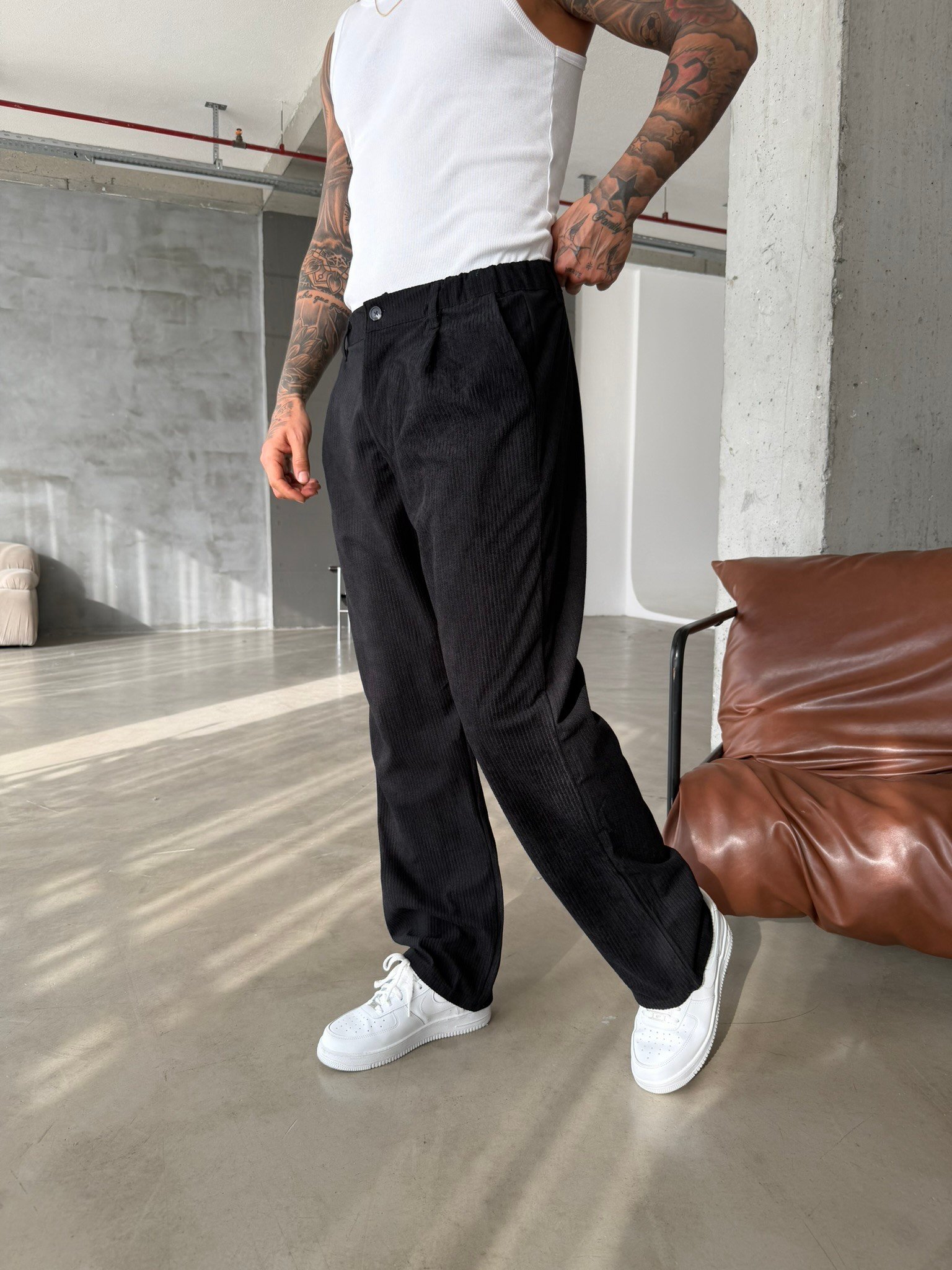 Kadife Basic Baggy Pantolon - Siyah