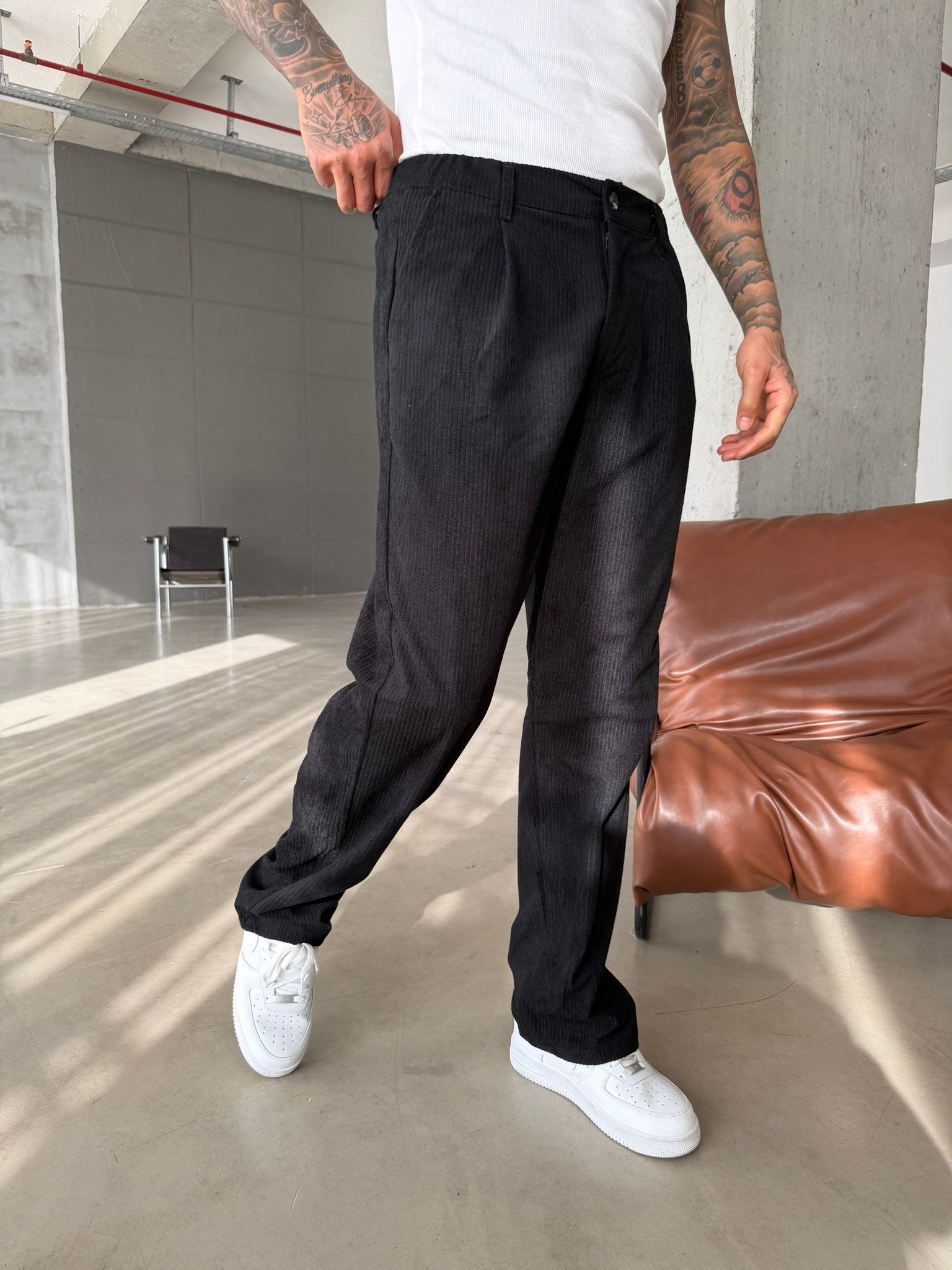 Kadife Basic Baggy Pantolon - Siyah