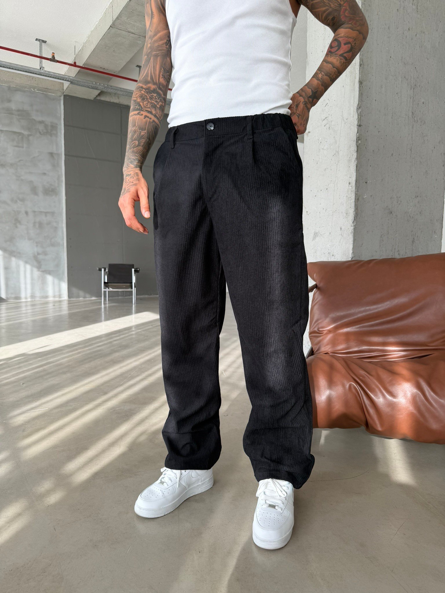 Kadife Basic Baggy Pantolon - Siyah