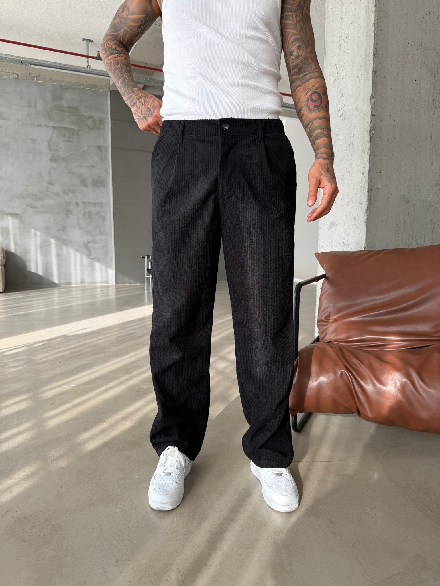 Kadife Basic Baggy Pantolon - Siyah