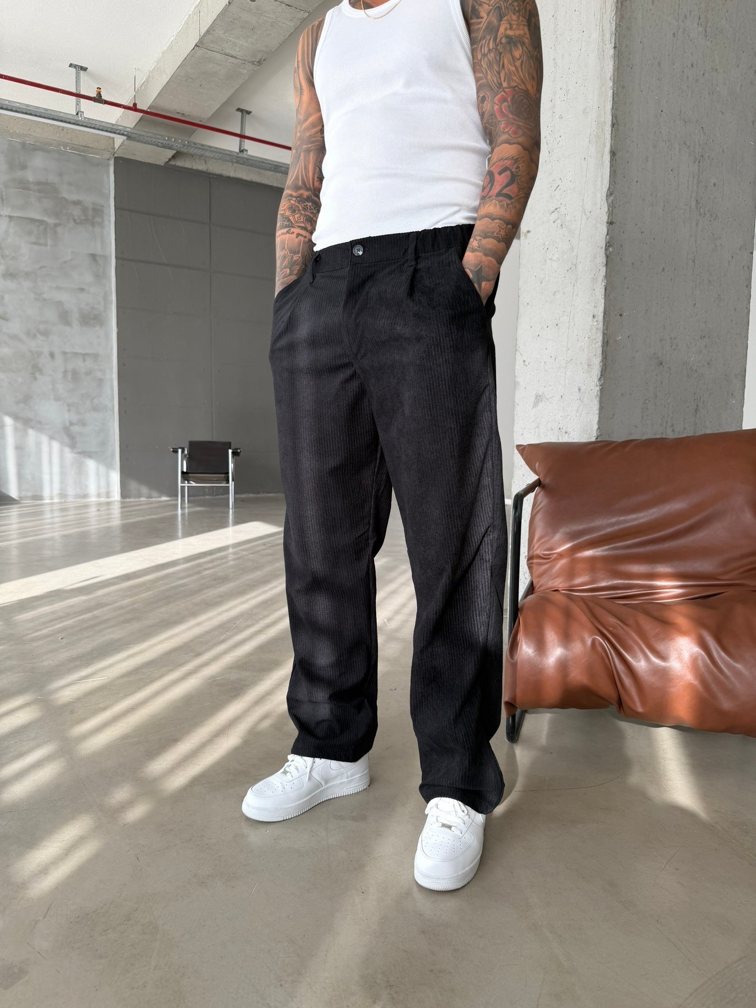 Kadife Basic Baggy Pantolon - Siyah