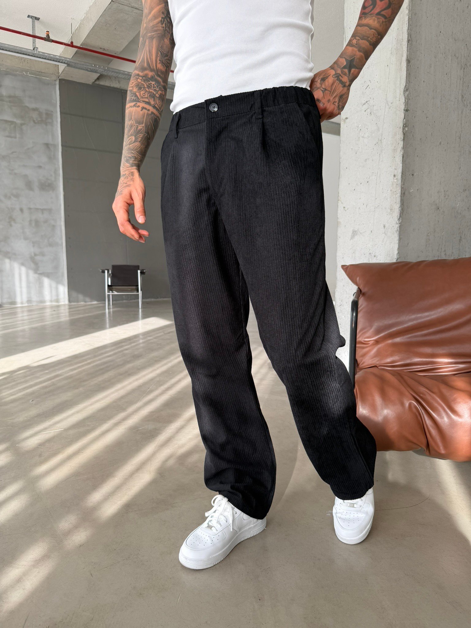 Kadife Basic Baggy Pantolon - Siyah