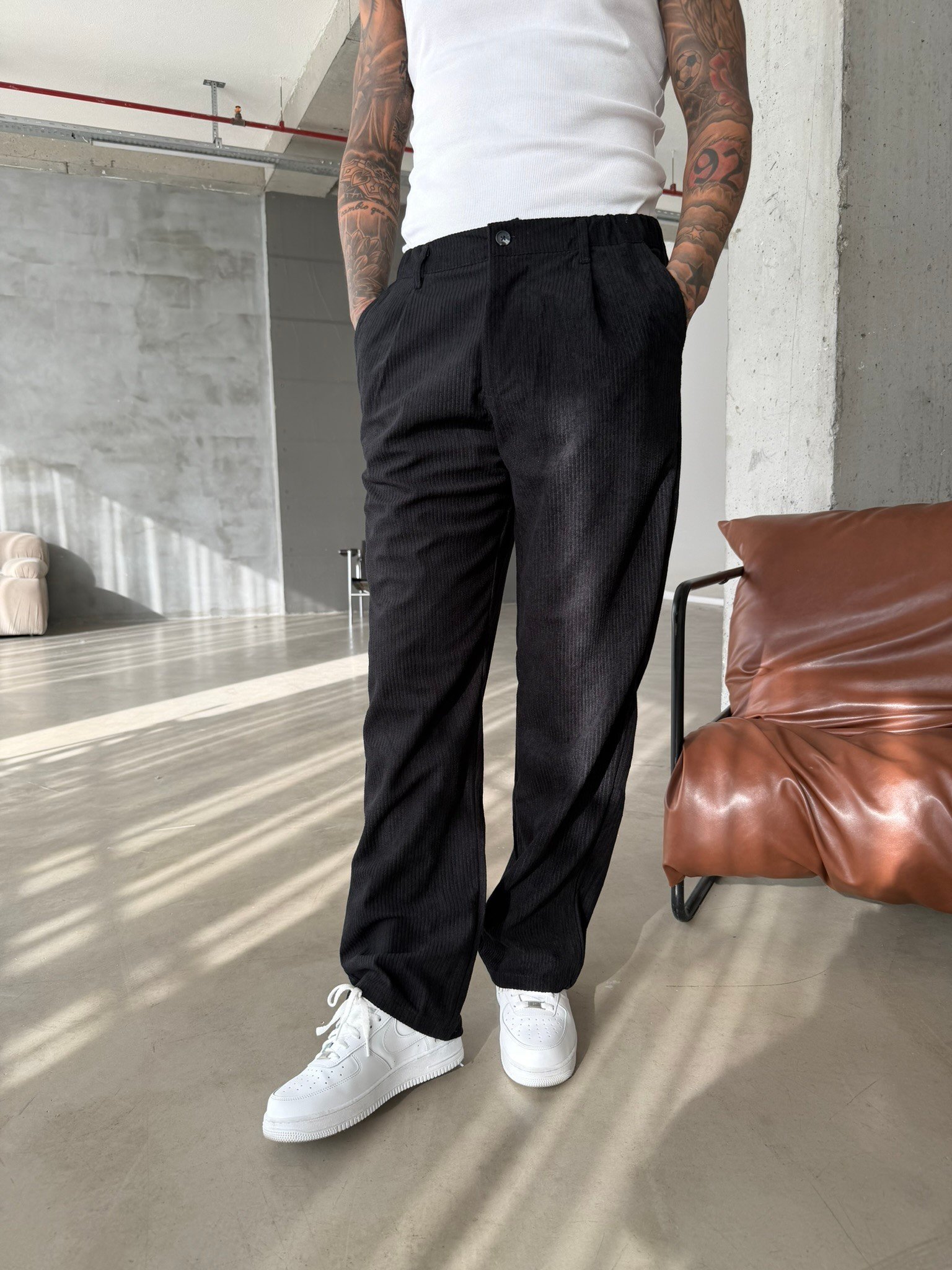 Kadife Basic Baggy Pantolon - Siyah
