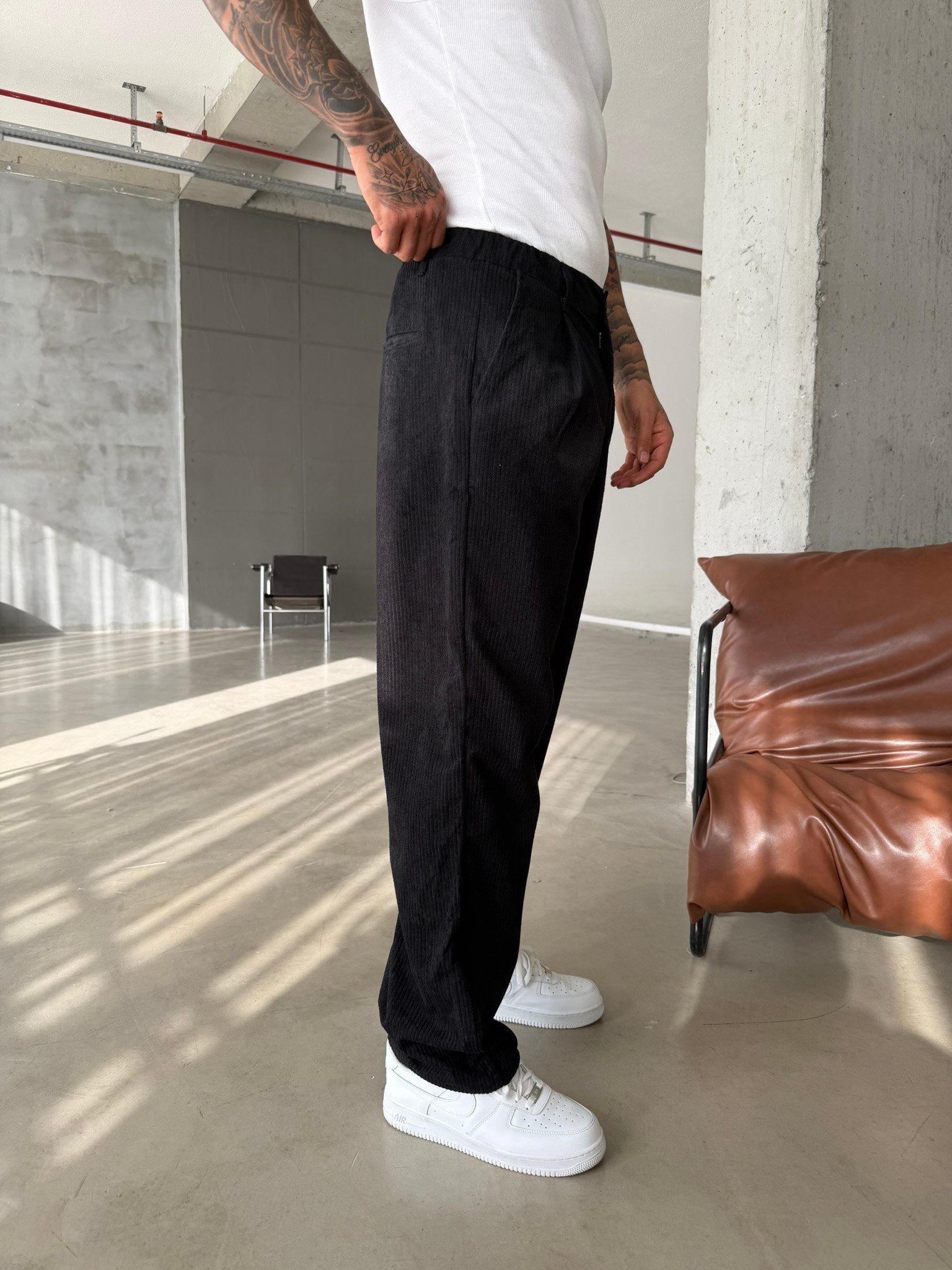 Kadife Basic Baggy Pantolon - Siyah