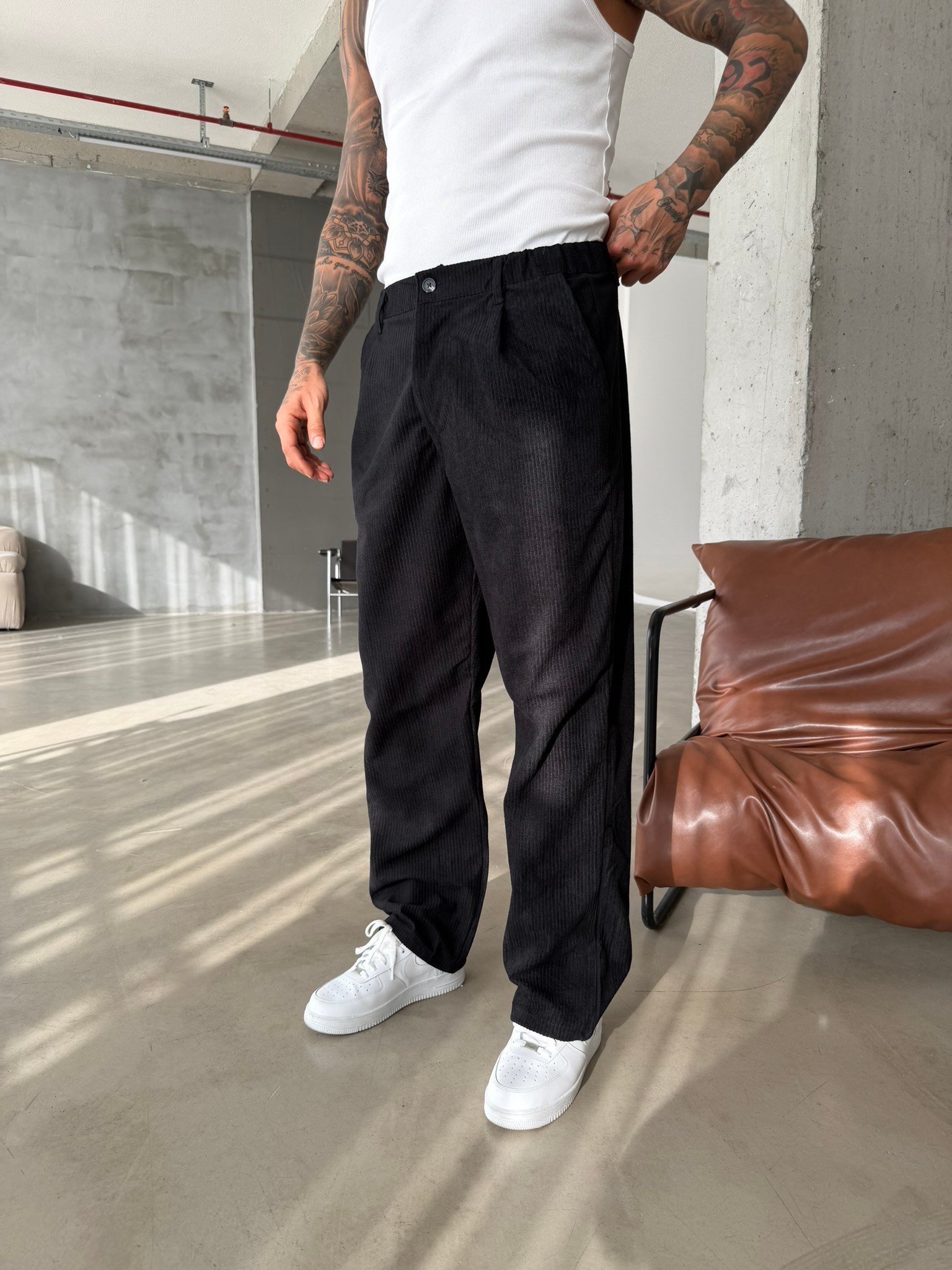 Kadife Basic Baggy Pantolon - Siyah