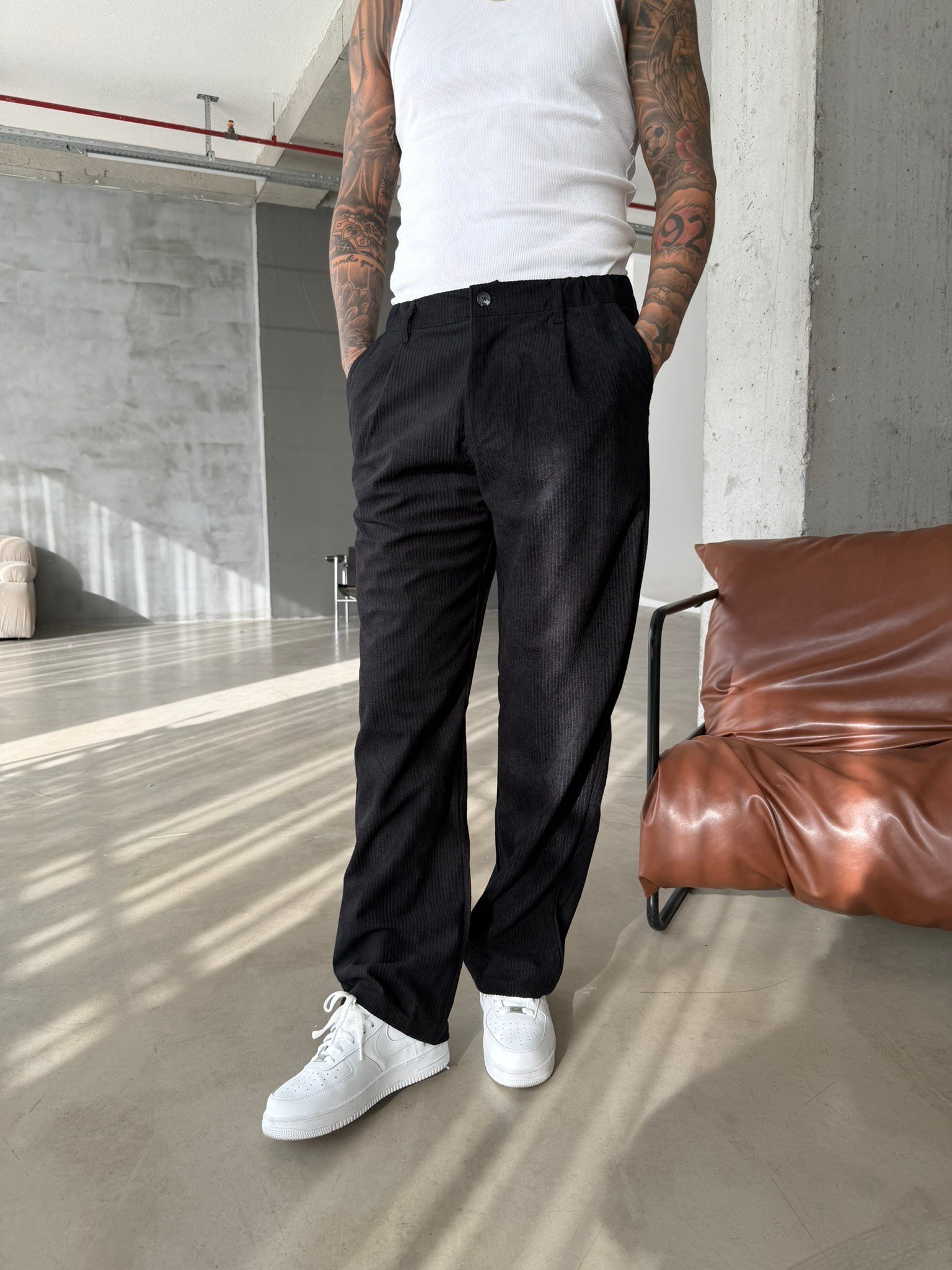 Kadife Basic Baggy Pantolon - Siyah