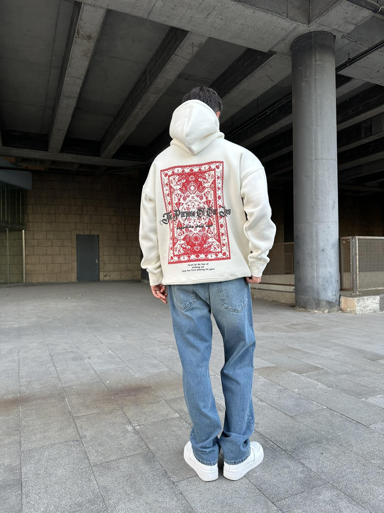 Kapüşonlu Desen Baskılı Hoodie Sweatshirt Ekru
