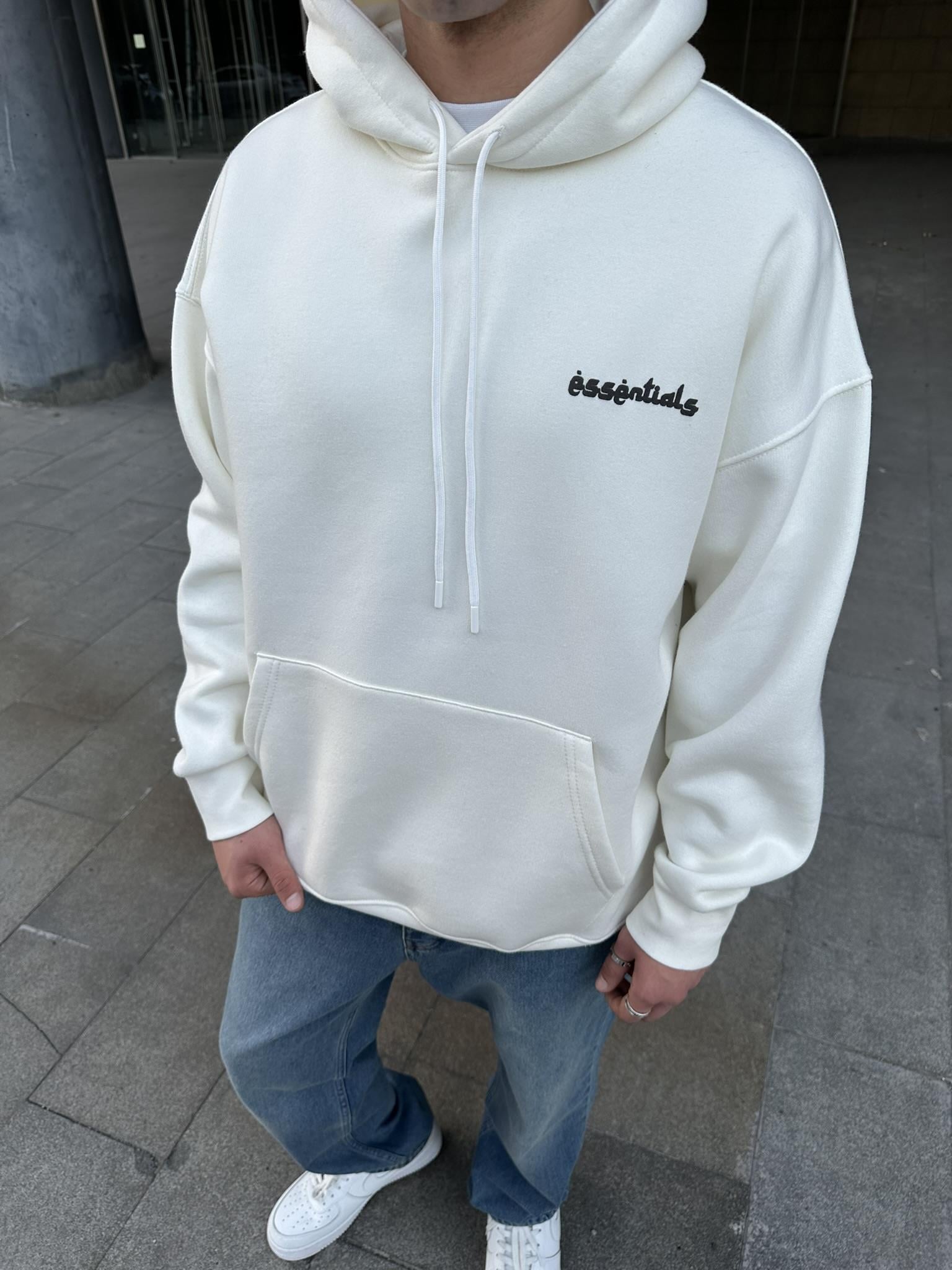 Kapüşonlu Desen Baskılı Hoodie Sweatshirt Ekru