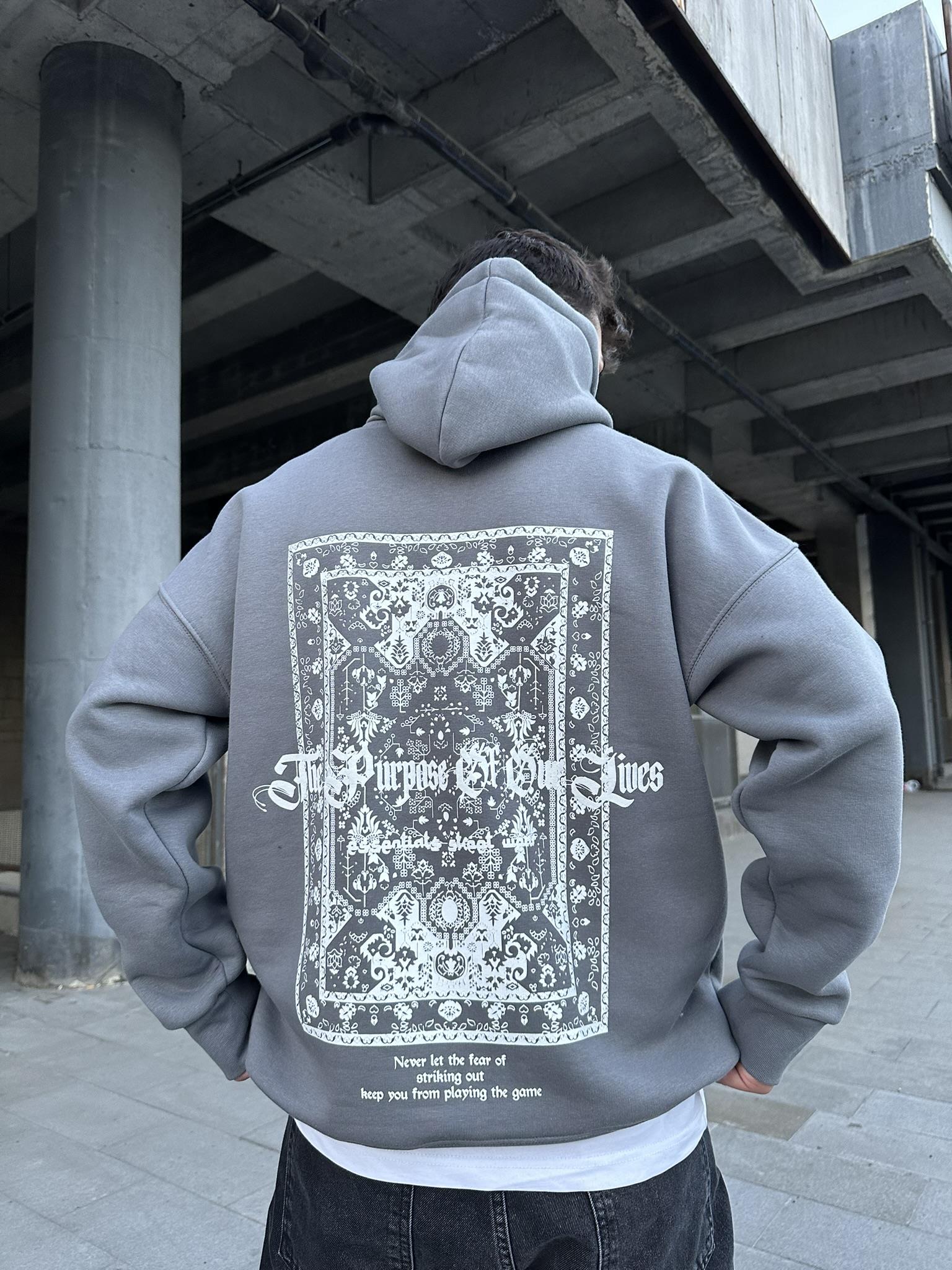 Kapüşonlu Desen Baskılı Hoodie Sweatshirt Gri