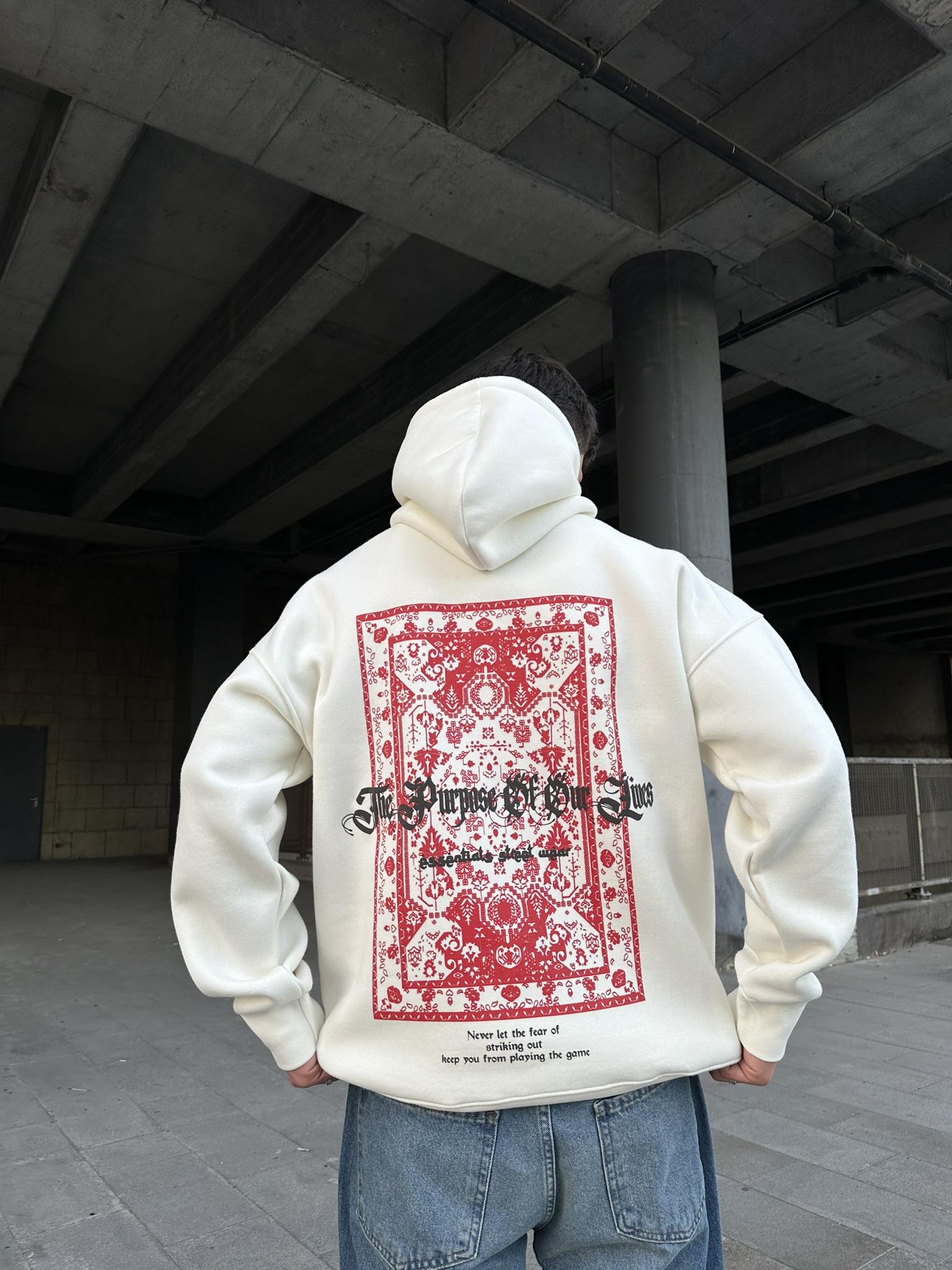 Kapüşonlu Desen Baskılı Hoodie Sweatshirt Ekru