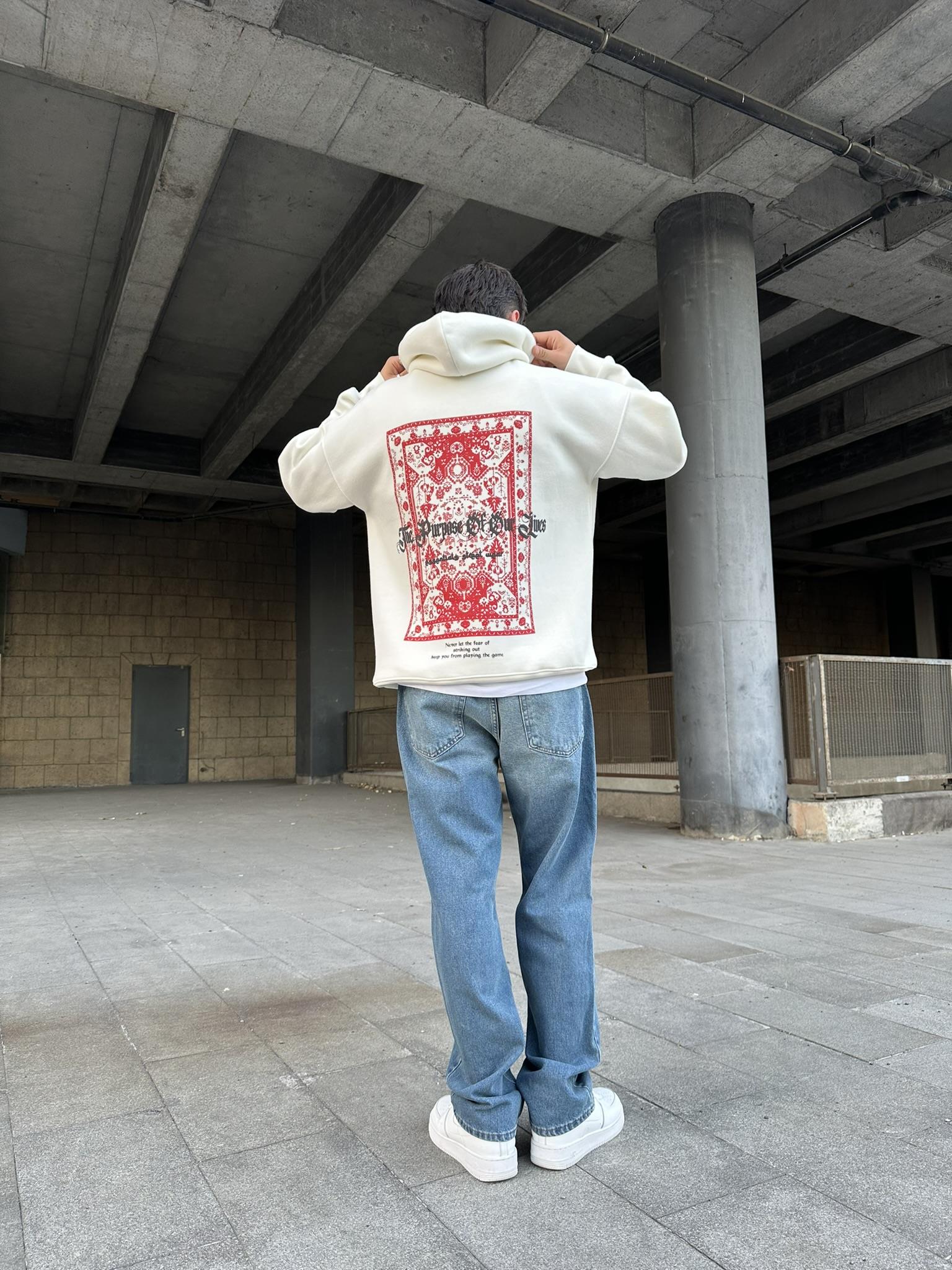 Kapüşonlu Desen Baskılı Hoodie Sweatshirt Ekru