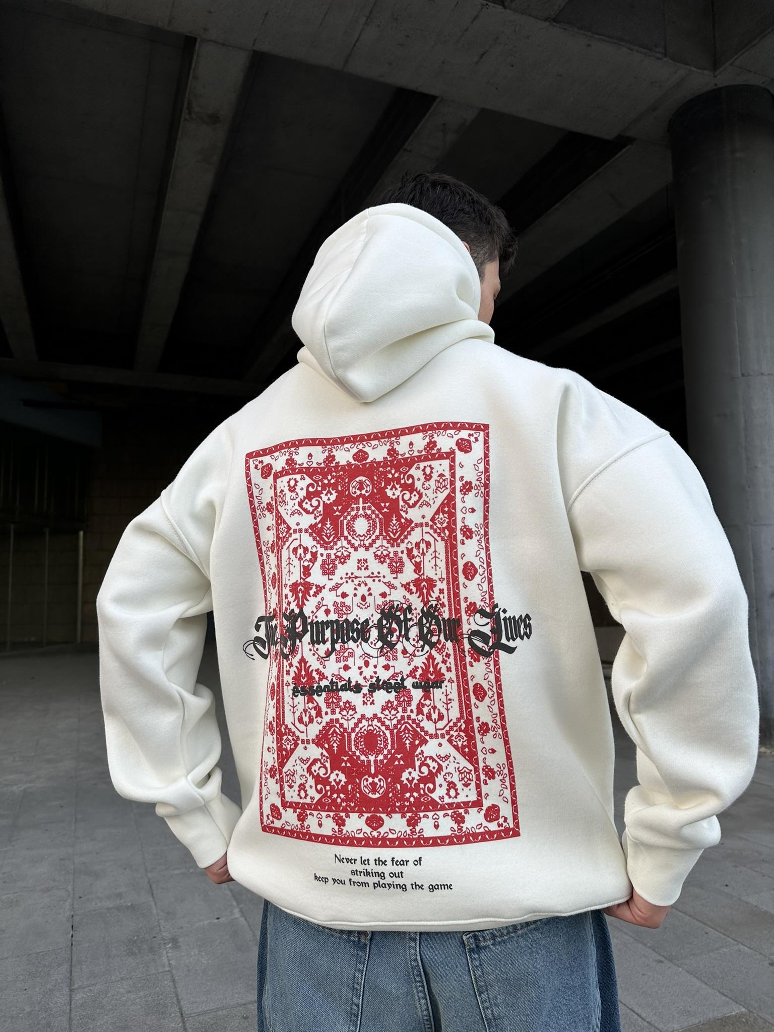 Kapüşonlu Desen Baskılı Hoodie Sweatshirt Ekru