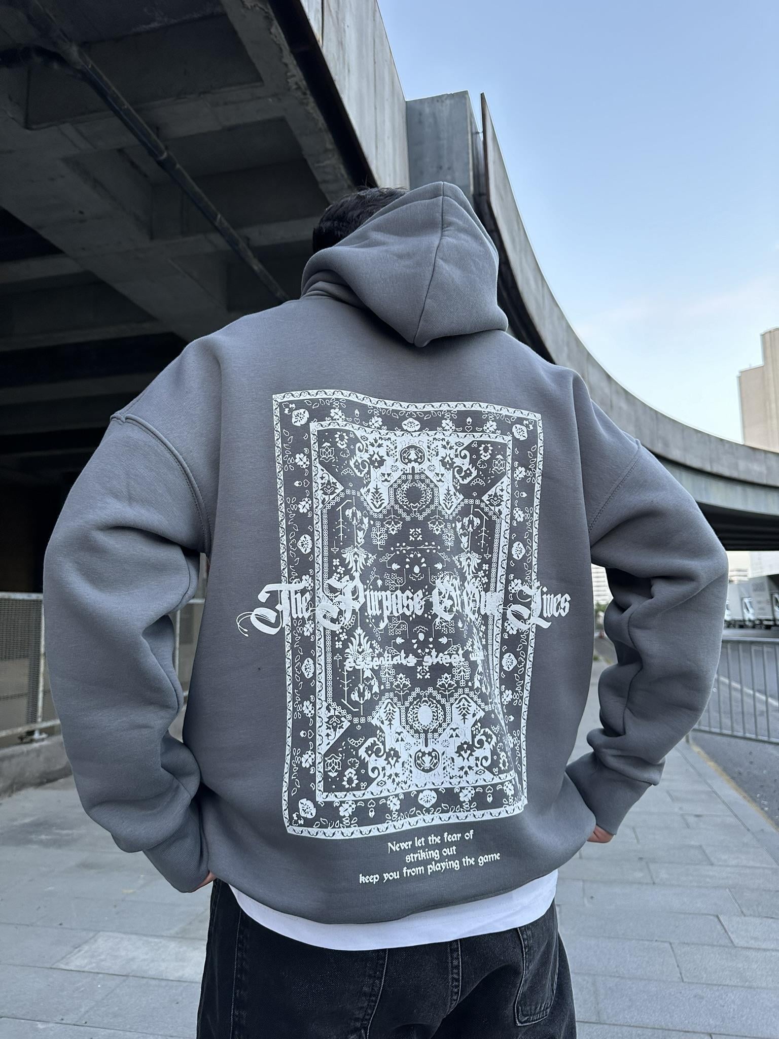 Kapüşonlu Desen Baskılı Hoodie Sweatshirt Gri