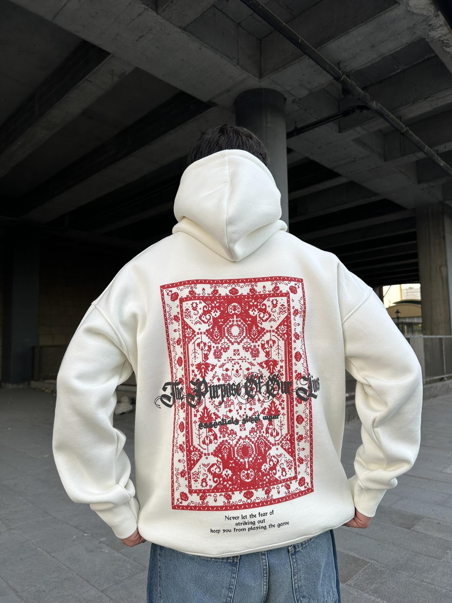 Kapüşonlu Desen Baskılı Hoodie Sweatshirt Ekru