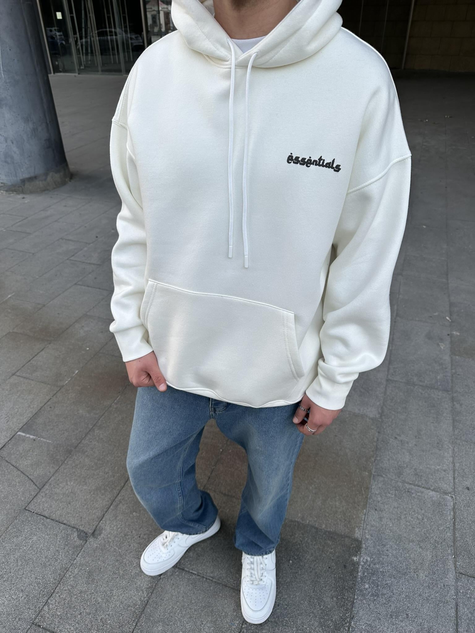 Kapüşonlu Desen Baskılı Hoodie Sweatshirt Ekru