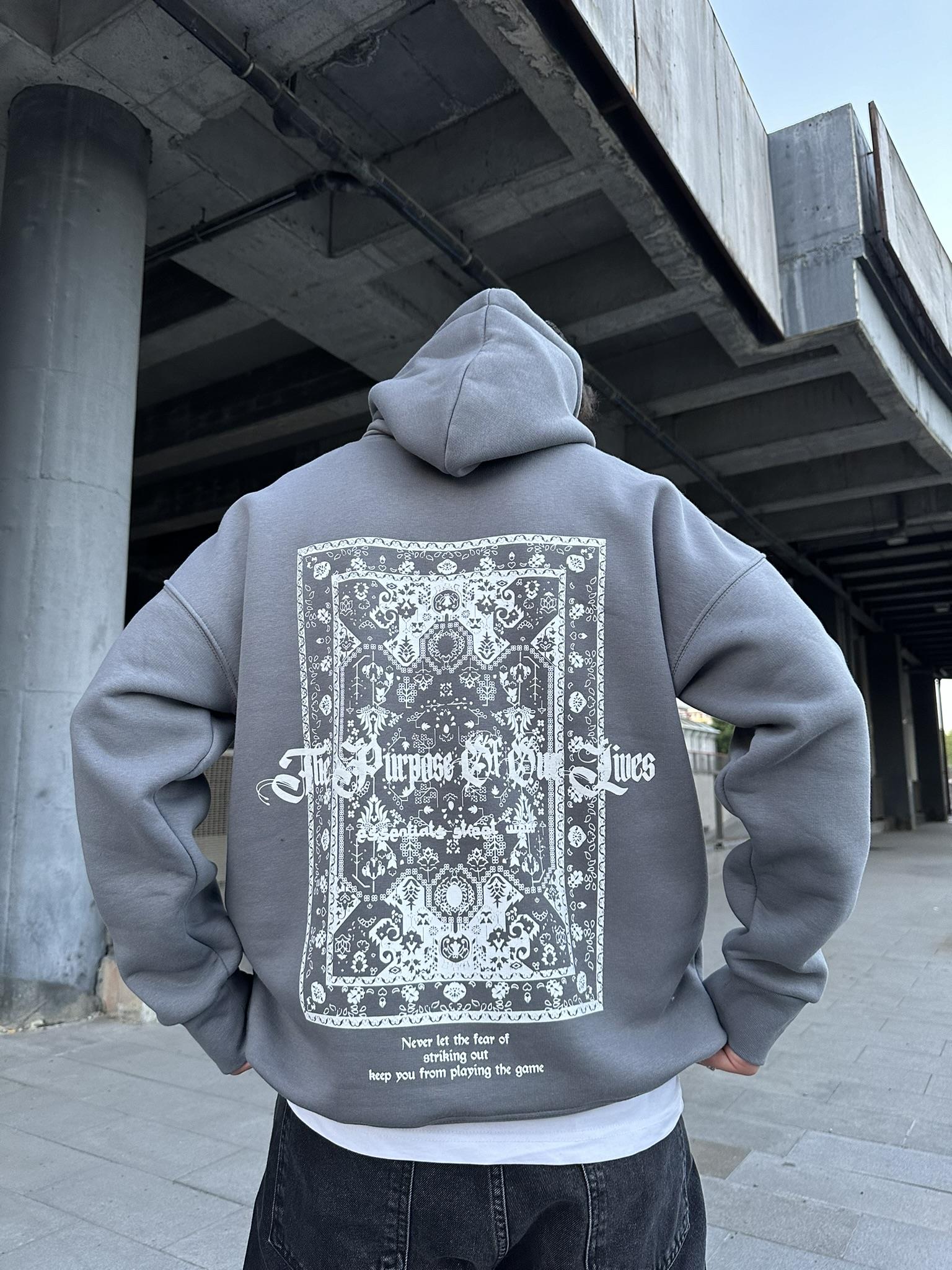 Kapüşonlu Desen Baskılı Hoodie Sweatshirt Gri